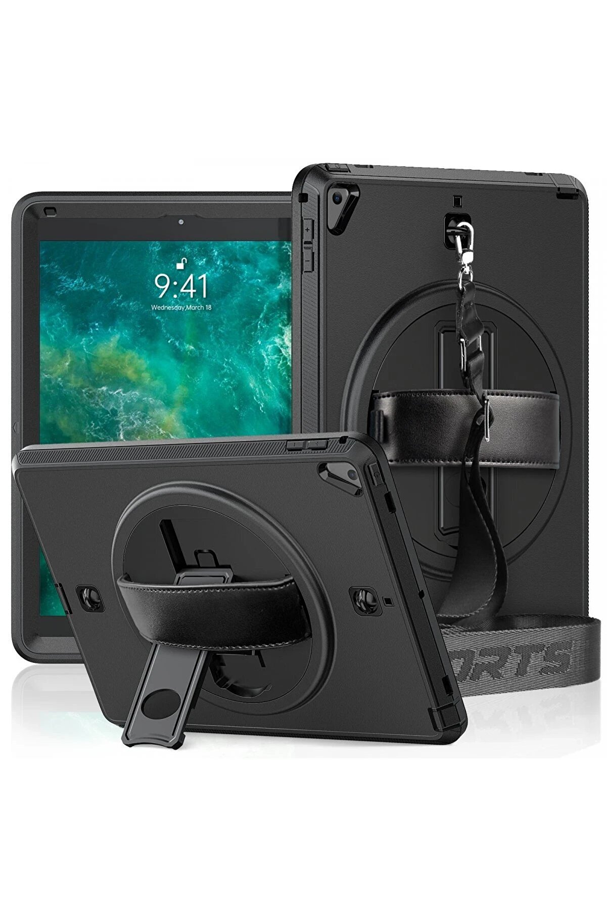 CepteToptan iPad 5 Air 9.7 Kılıf Strap-C Otterbox Tablet Kapak - Siyah - DROPX5193-5114