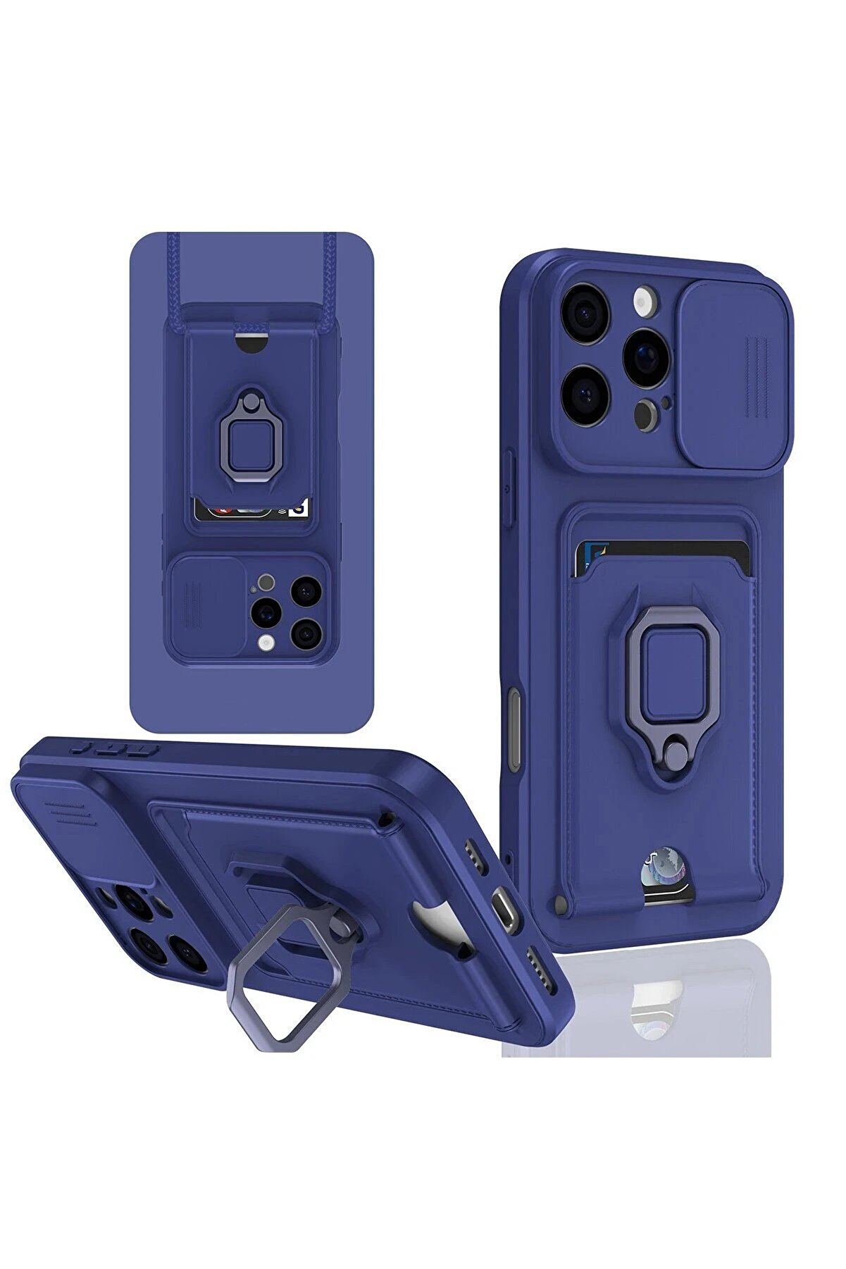 CepteToptan iPhone 16 Pro Kılıf Zuma Kartvizitli Yüzüklü Silikon - Lacivert - DROPX9187-6652