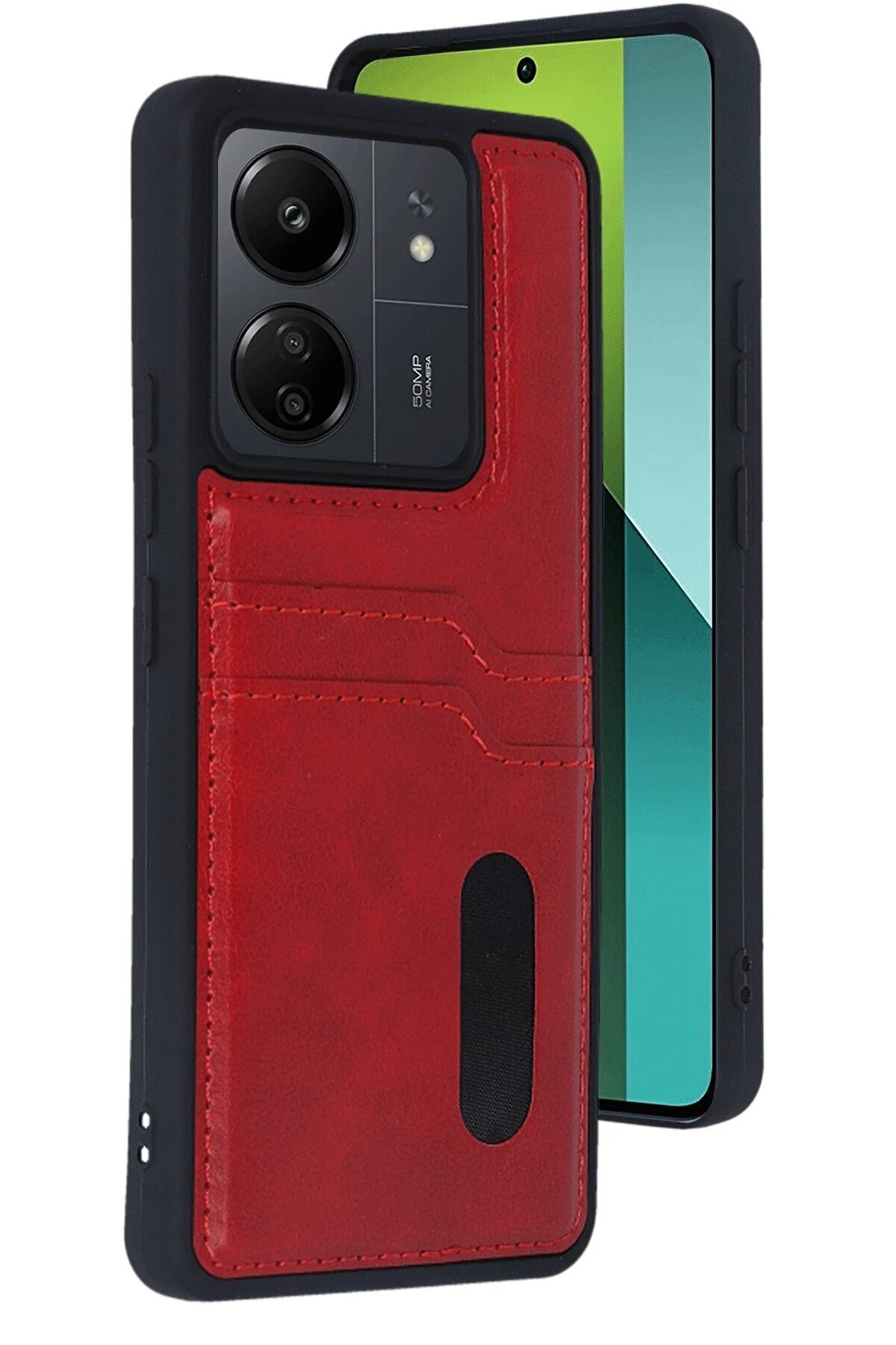 CepteToptan Xiaomi Redmi 13C Kılıf Sara Kartvizitli Deri Kılıf - Kırmızı - DROPX7423-5662