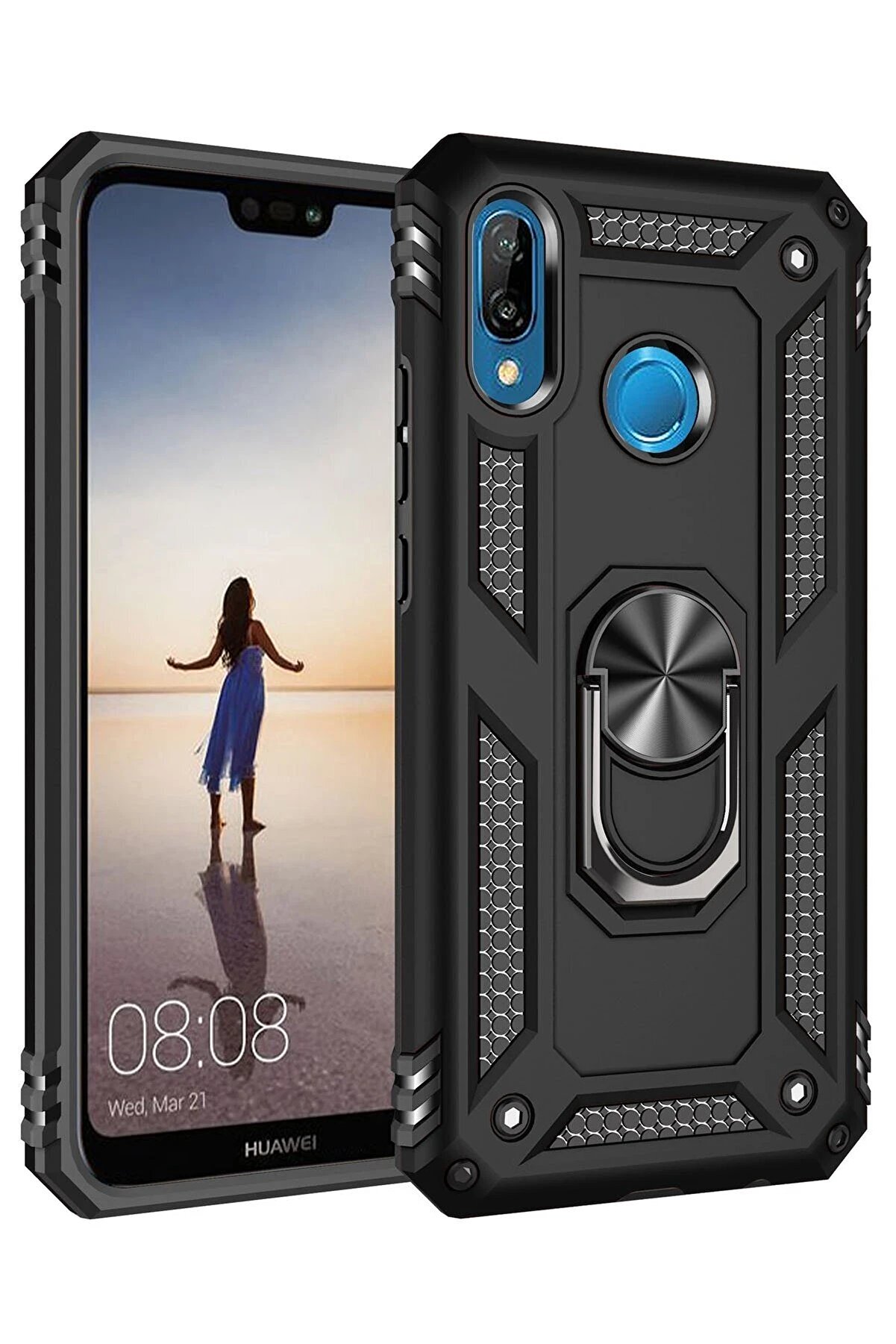 CepteToptan Huawei P20 Lite Kılıf Sofya Yüzüklü Silikon Kapak - Siyah - DROPX6310-6952