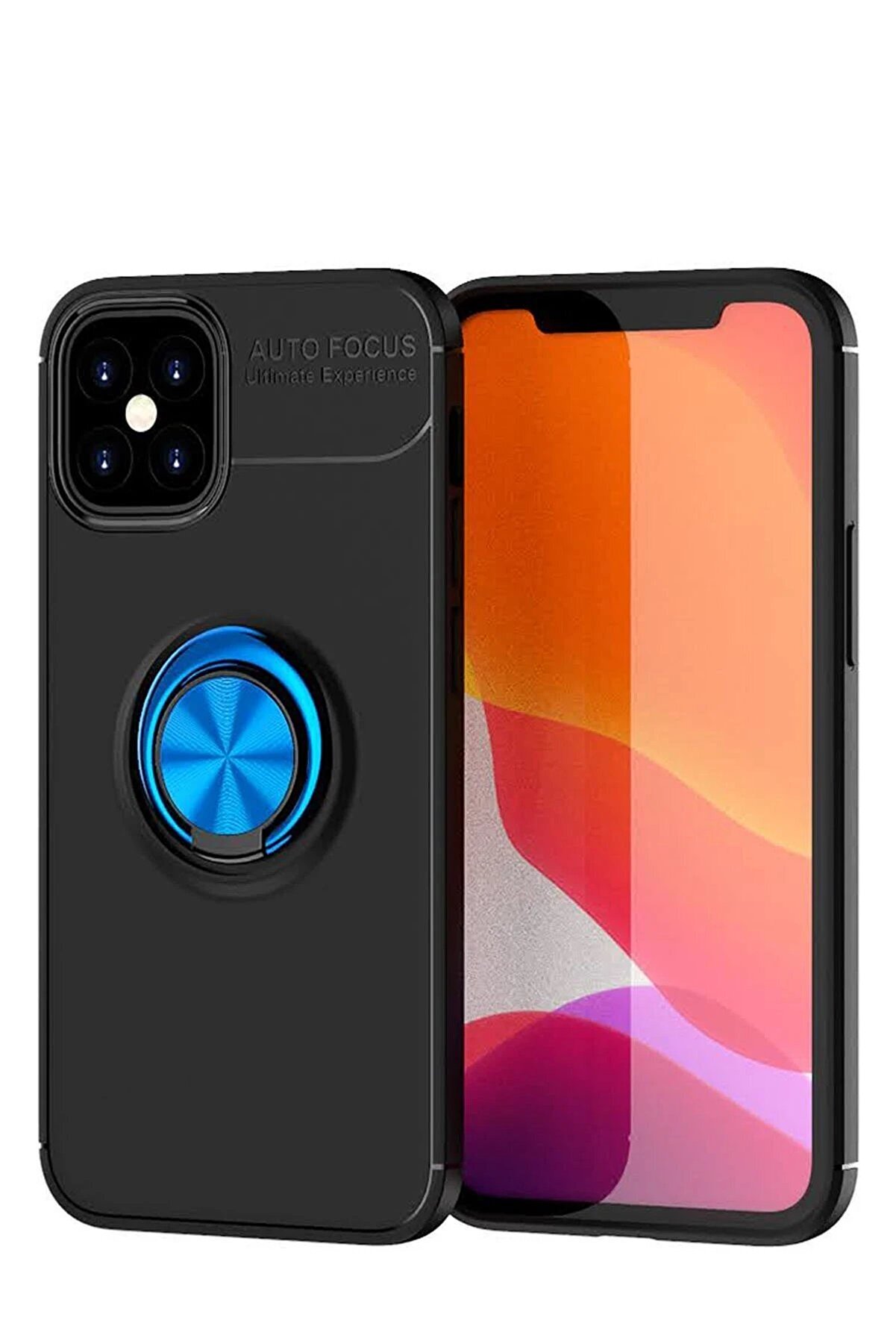 CepteToptan iPhone 12 Mini Kılıf Range Yüzüklü Silikon - Siyah-Mavi - DROPX6057-7561