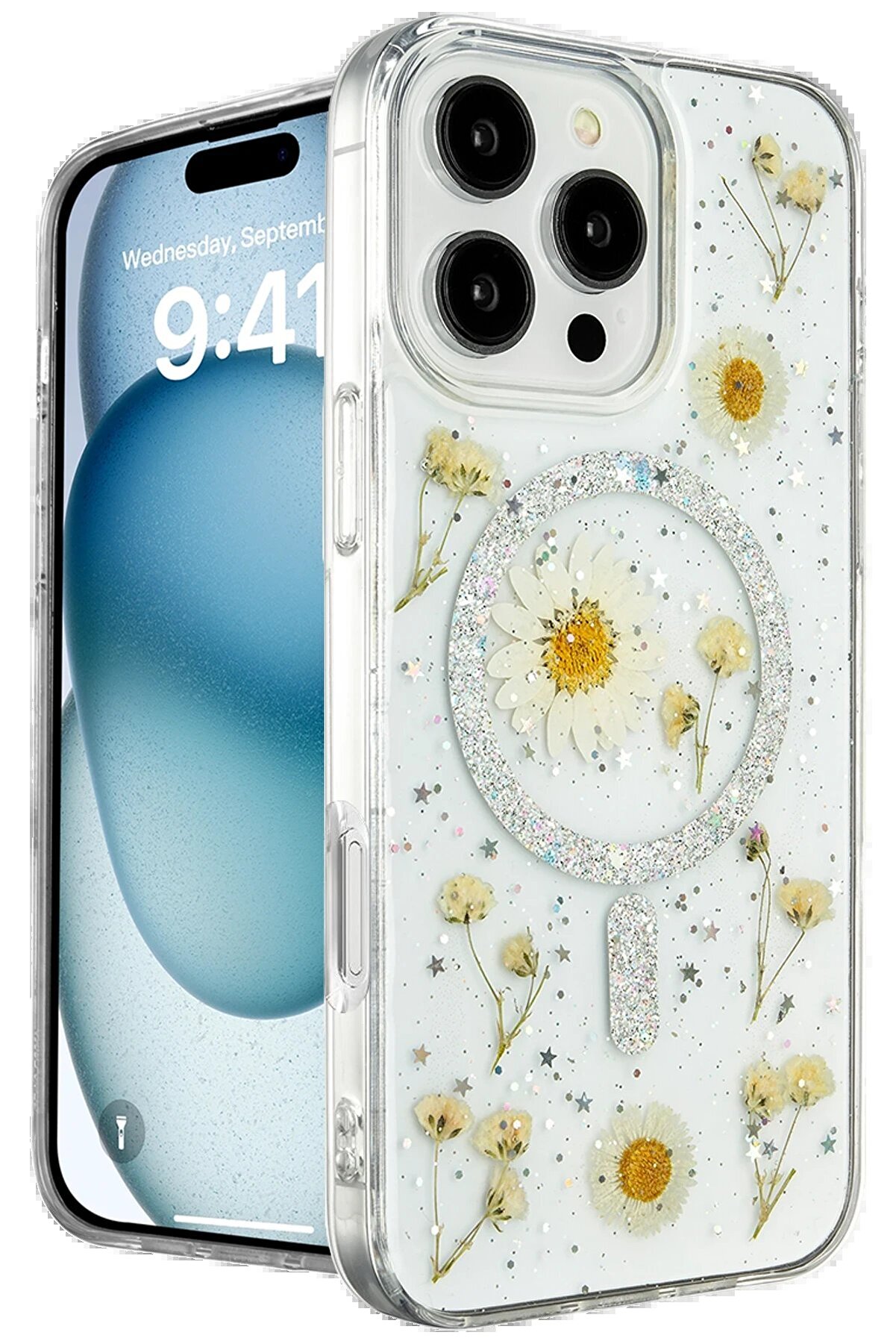 CepteToptan iPhone 16 Pro Kılıf Daisy Simli Magsafe Kapak - G&uuml;m&uuml;ş - DROPX5995-6455