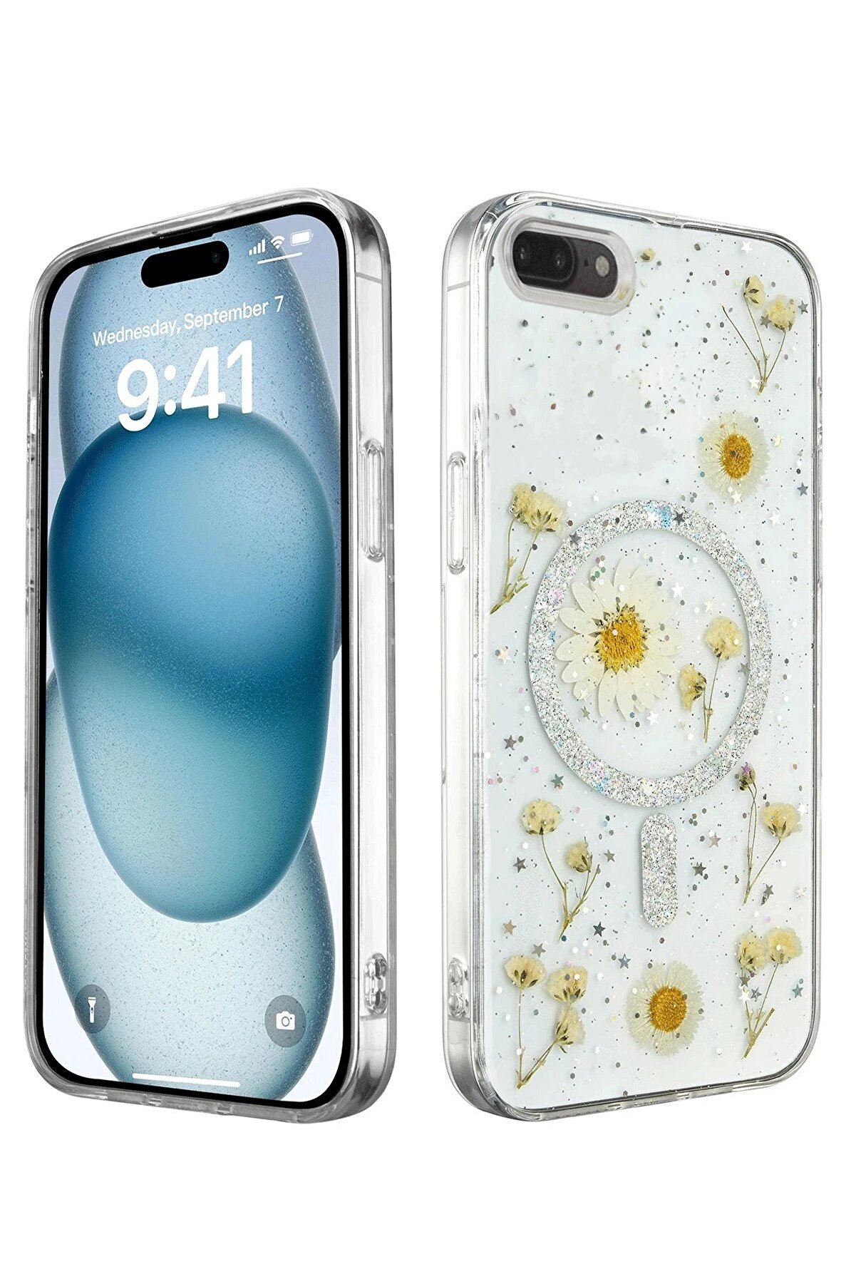 CepteToptan iPhone 7 Plus Kılıf Daisy Simli Magsafe Kapak - Gümüş - DROPX2751-9330