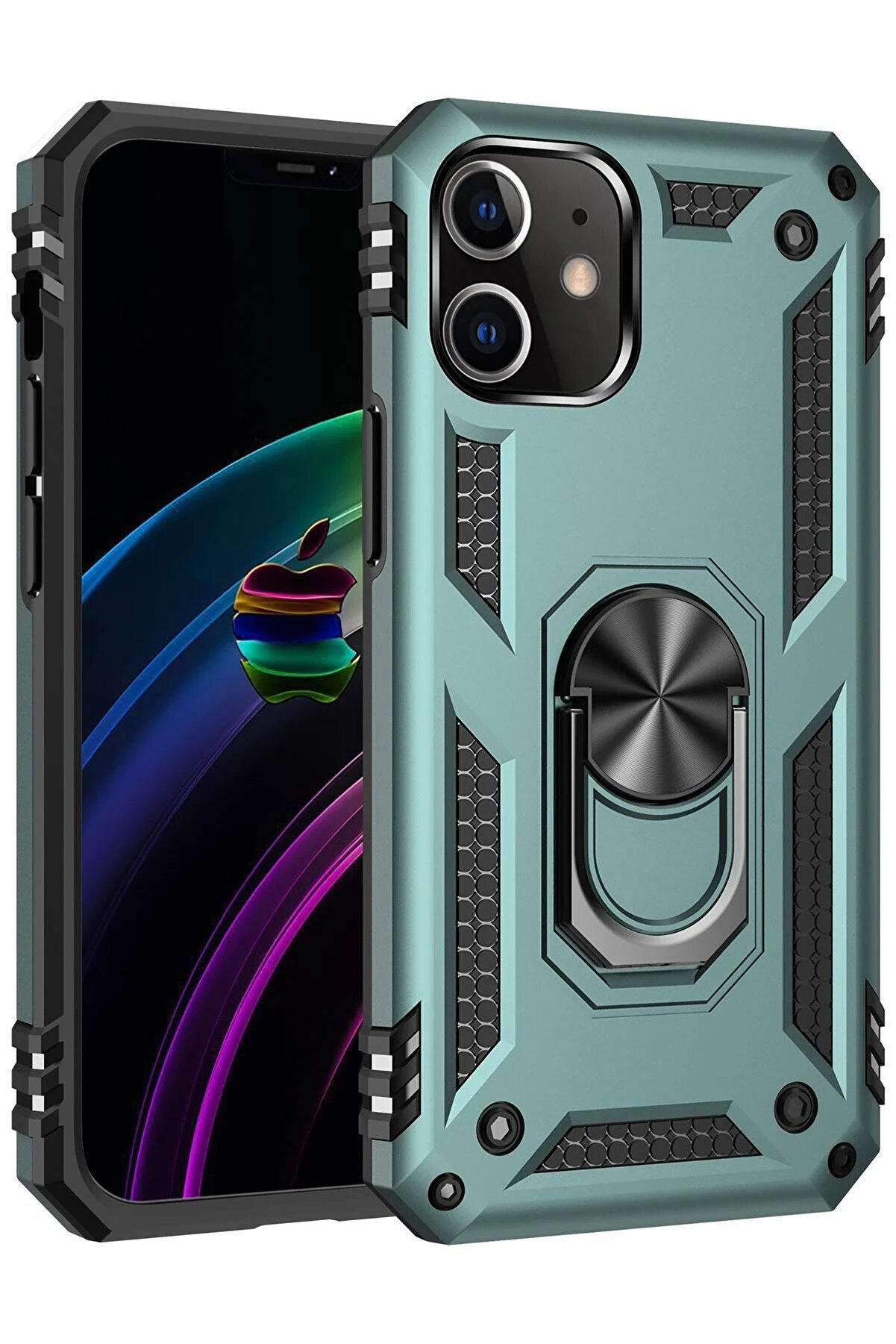 CepteToptan iPhone 12 Kılıf Sofya Yüzüklü Silikon Kapak - Yeşil - DROPX8573-2675