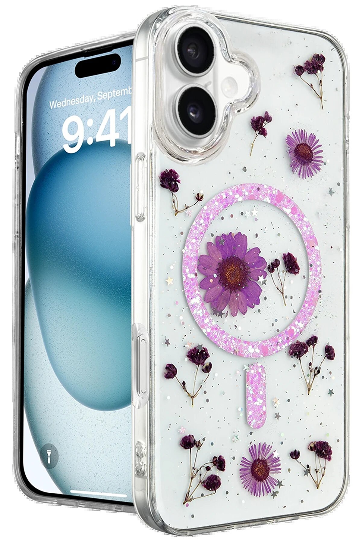 CepteToptan iPhone 16 Kılıf Daisy Simli Magsafe Kapak - Mor - DROPX3744-8853