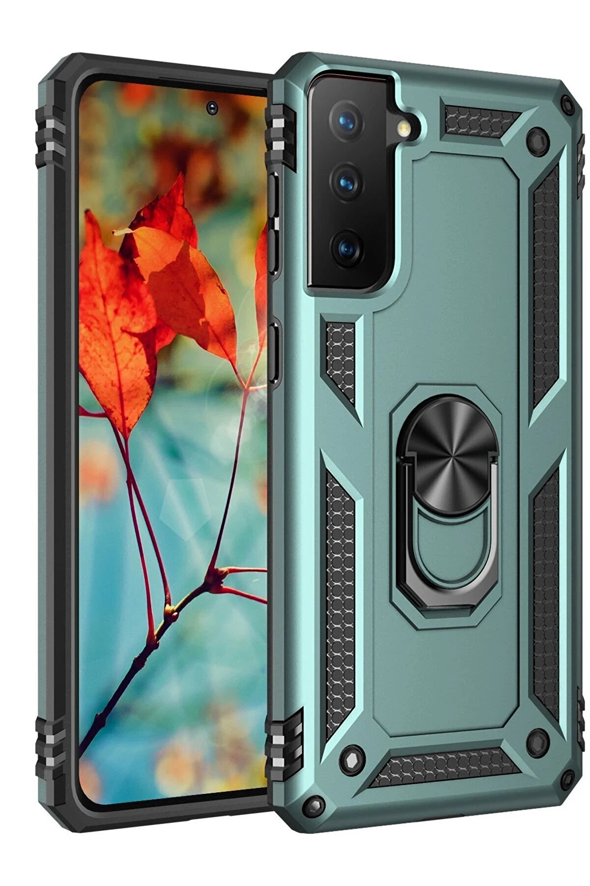 CepteToptan Samsung Galaxy S21 Kılıf Sofya Yüzüklü Silikon Kapak - Yeşil - DROPX5103-3345