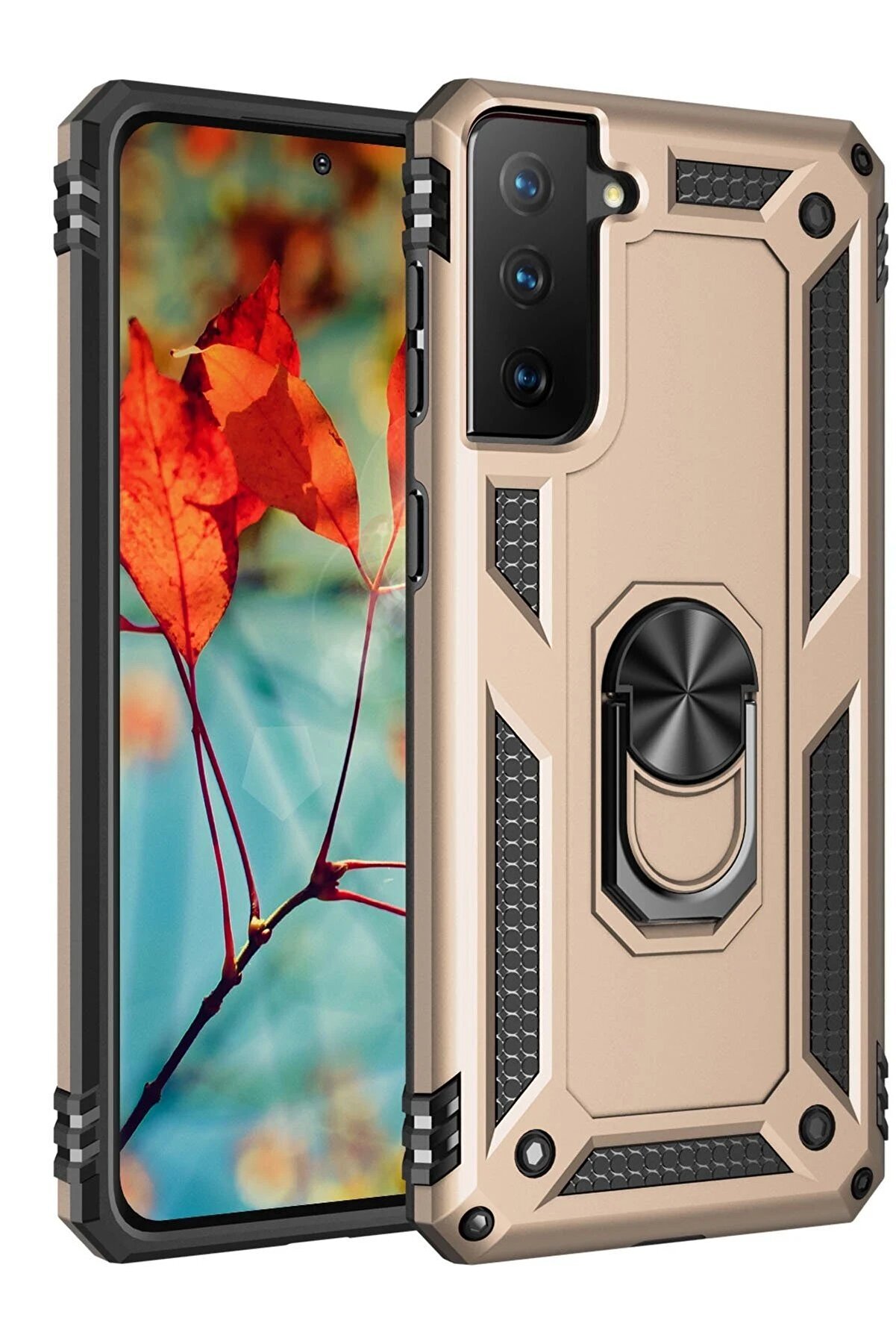 CepteToptan Samsung Galaxy S21 Kılıf Sofya Yüzüklü Silikon Kapak - Gold - DROPX2341-6911