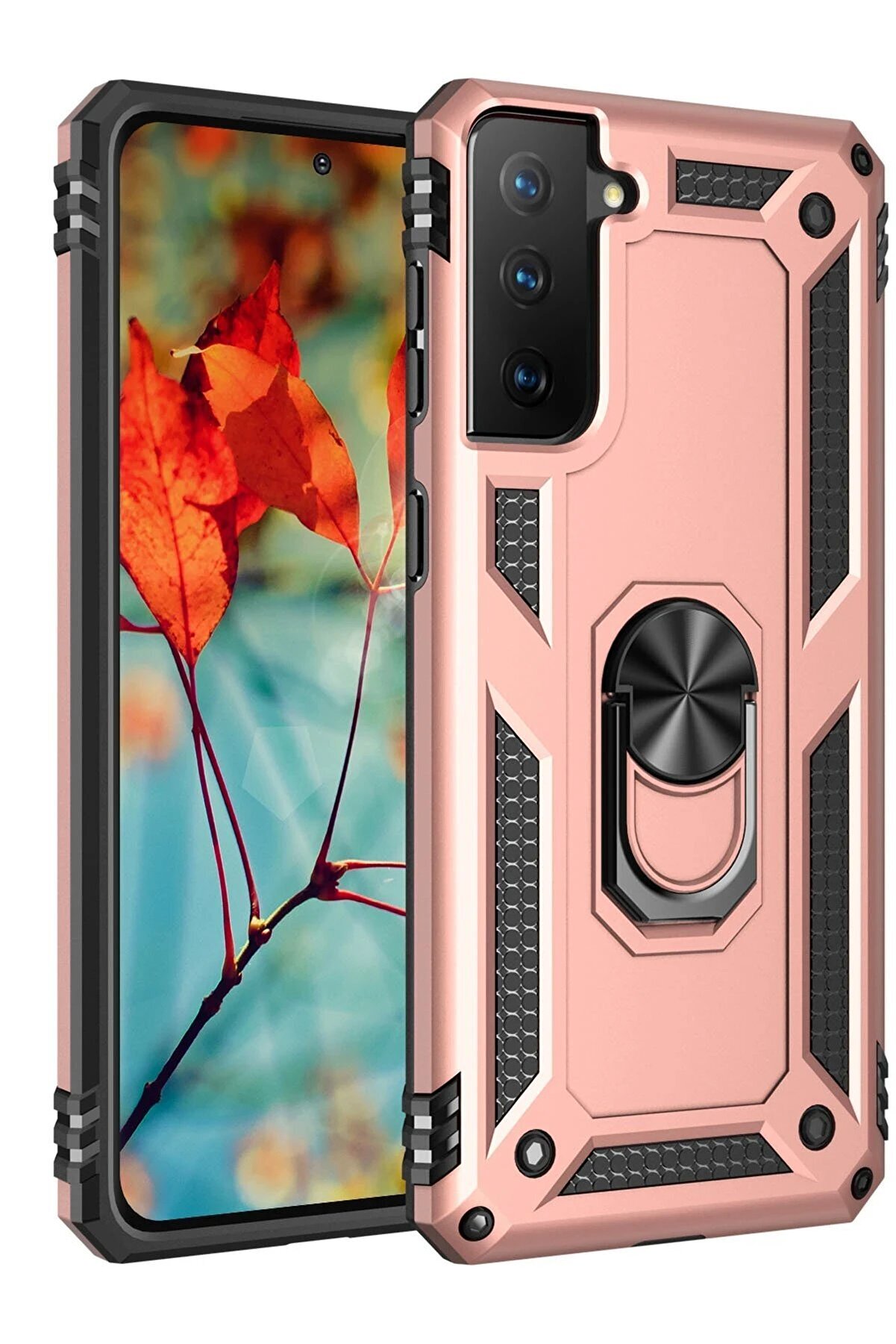 CepteToptan Samsung Galaxy S21 Kılıf Sofya Yüzüklü Silikon Kapak - Rose - DROPX3291-3004