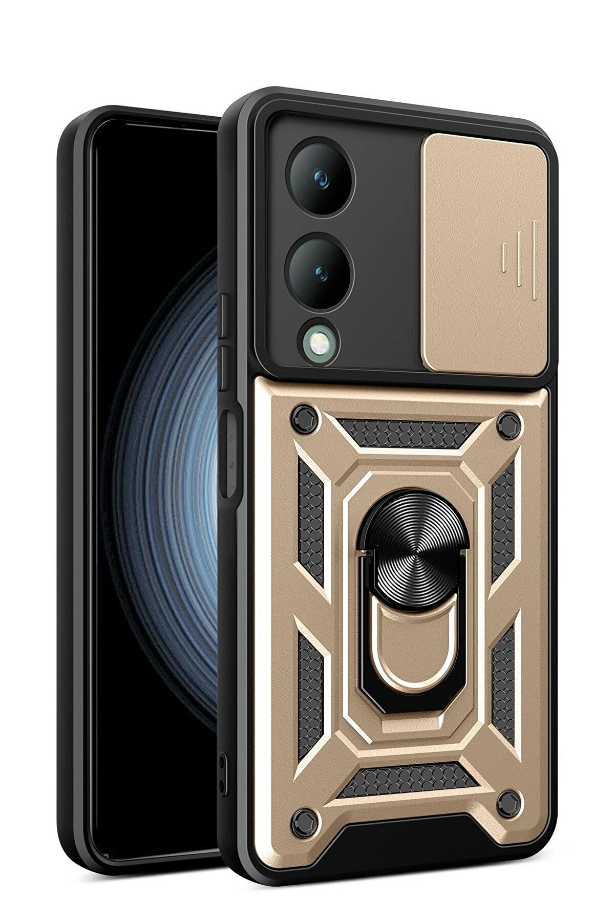 CepteToptan Vivo Y17S Kılıf Pars Lens Yüzüklü Silikon - Gold - DROPX7565-8278