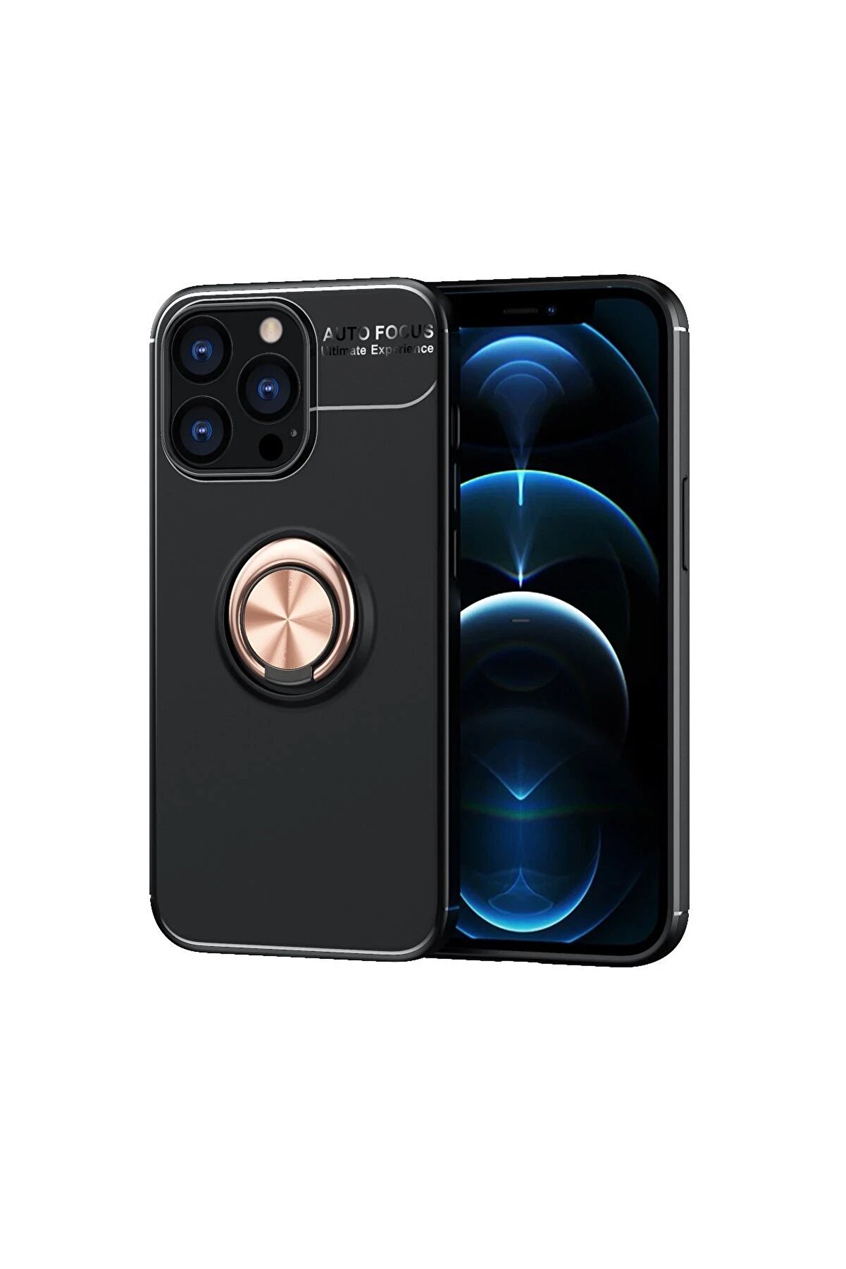 CepteToptan iPhone 13 Pro Kılıf Range Yüzüklü Silikon - Siyah-Gold - DROPX6730-6691