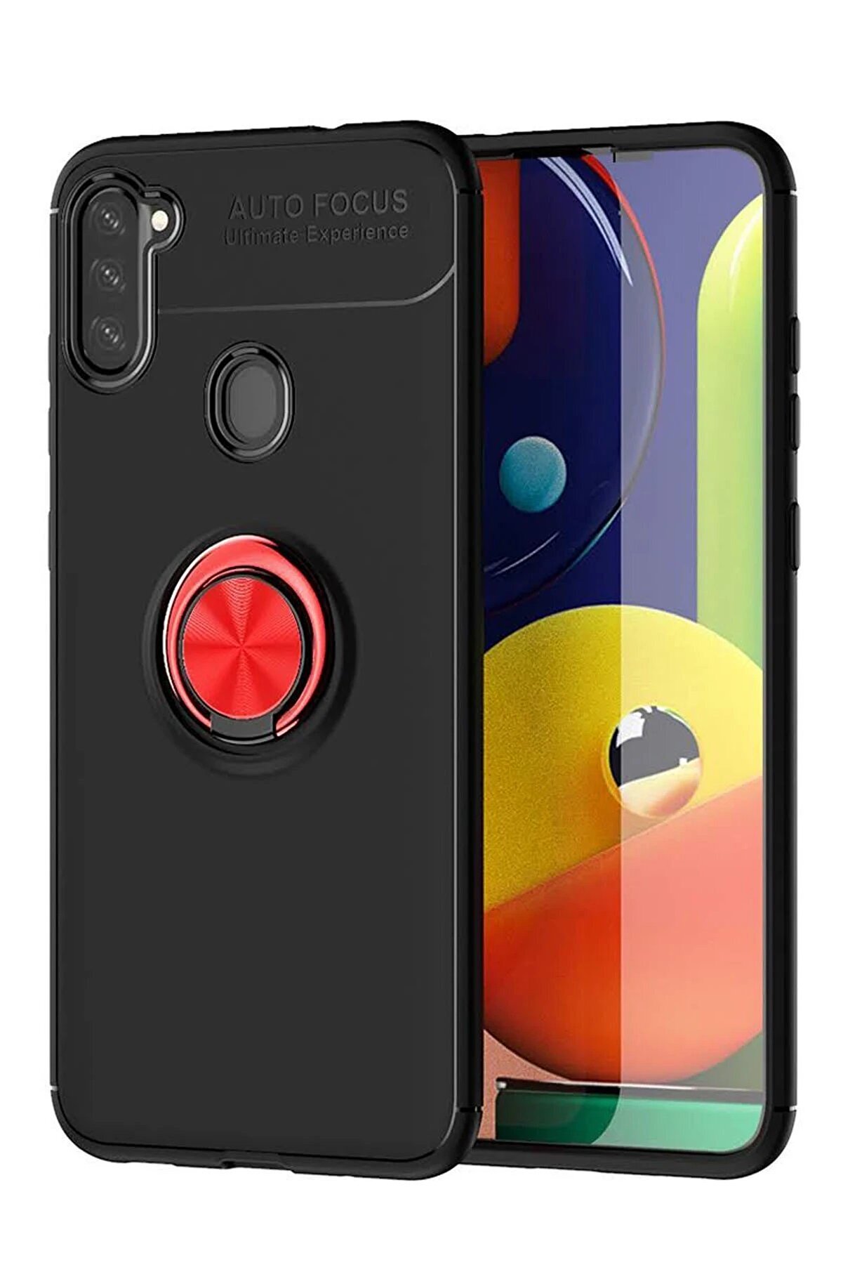 CepteToptan Samsung Galaxy A11 Kılıf Range Yüzüklü Silikon - Siyah-Kırmızı - DROPX4567-9821