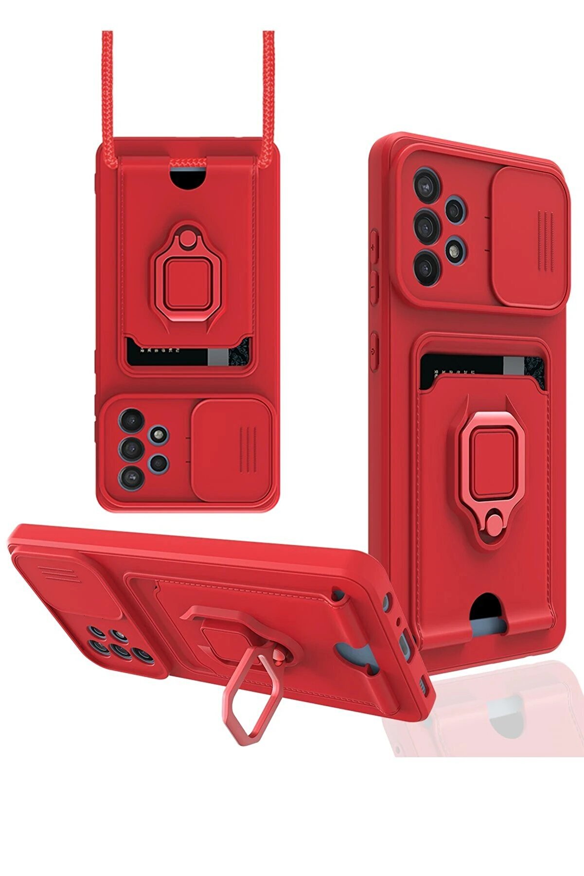 CepteToptan Samsung Galaxy A72 Kılıf Zuma Kartvizitli Yüzüklü Silikon - Kırmızı - DROPX6785-2771