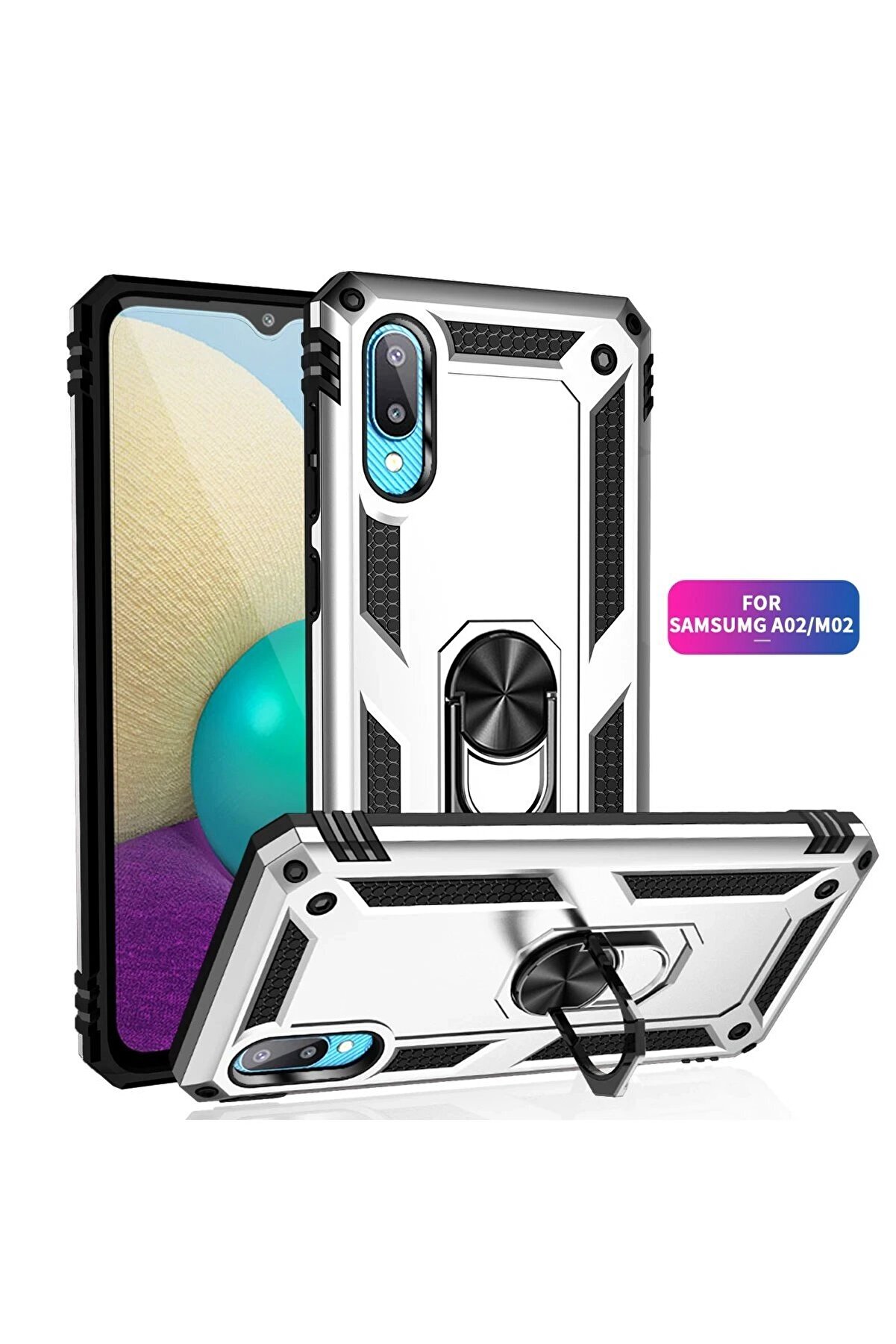 Samsung Galaxy A02 Kılıf Sofya Yüzüklü Si̇li̇kon Kapak - Gümüş - Dropx4398-7919