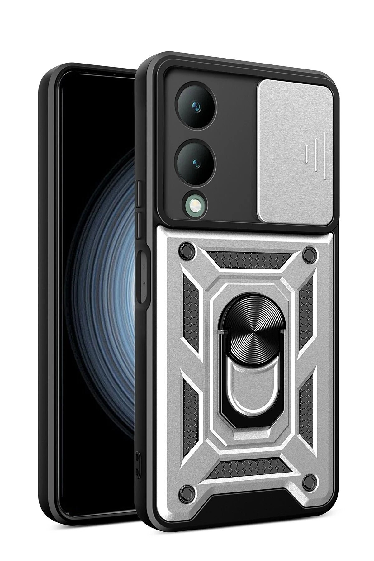 CepteToptan Vivo Y17S Kılıf Pars Lens Yüzüklü Silikon - Gümüş - DROPX5451-9656