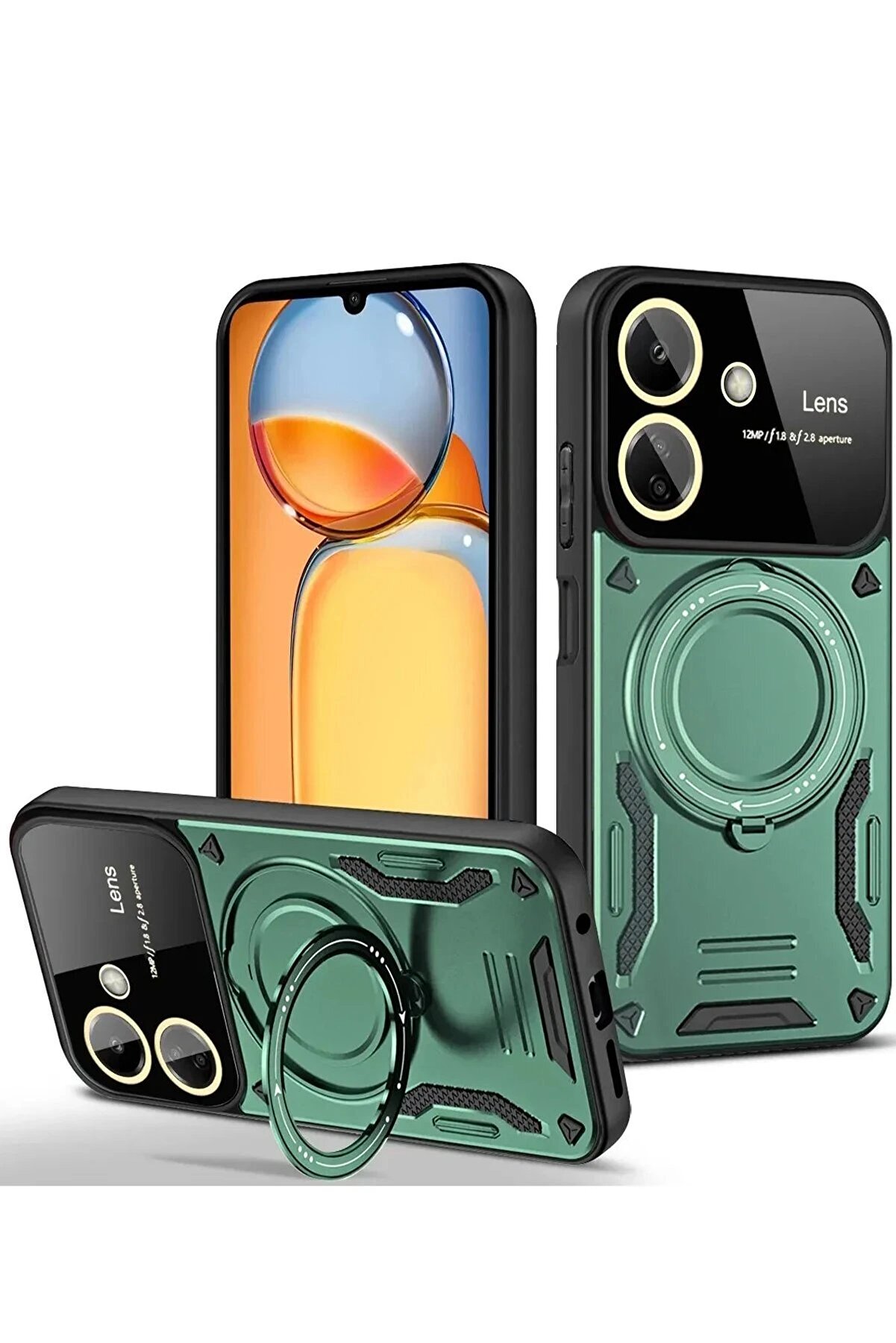 CepteToptan Xiaomi Redmi 13C Kılıf Joy Lens Standlı Kapak - Koyu Yeşil - DROPX9703-8525