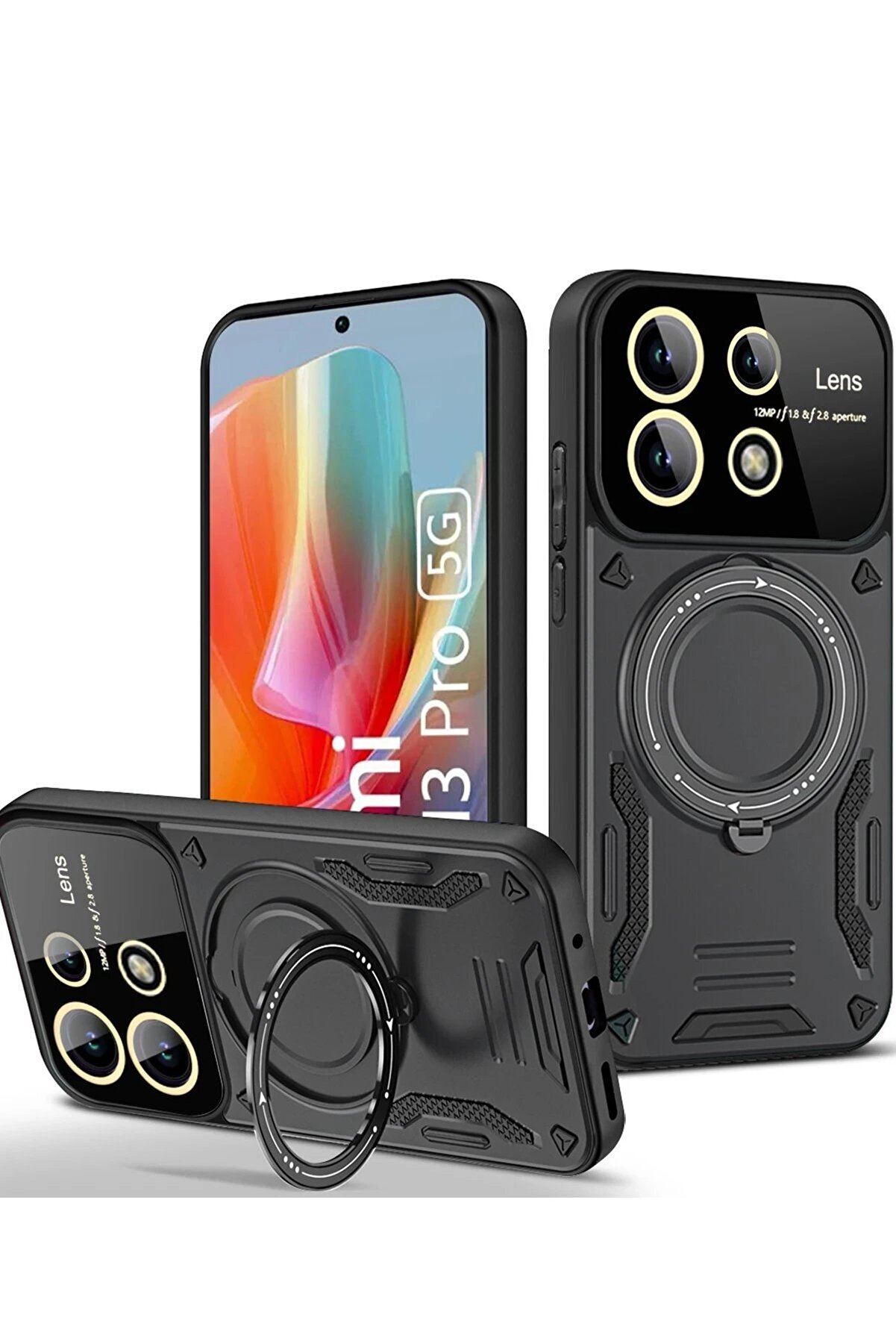 CepteToptan Xiaomi Redmi Note 13 Pro 4G Kılıf Joy Lens Standlı Kapak - Siyah - DROPX5588-1603