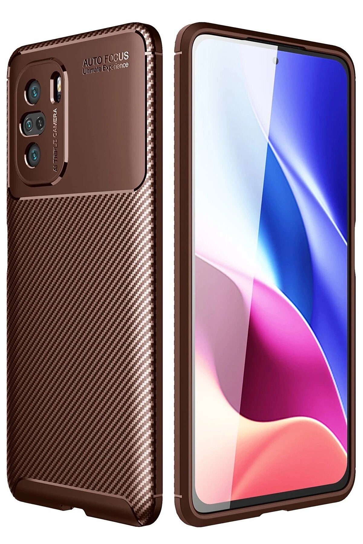 CepteToptan Newface Xiaomi Poco F3 Kılıf Auto Focus Karbon Kapak - Kahverengi