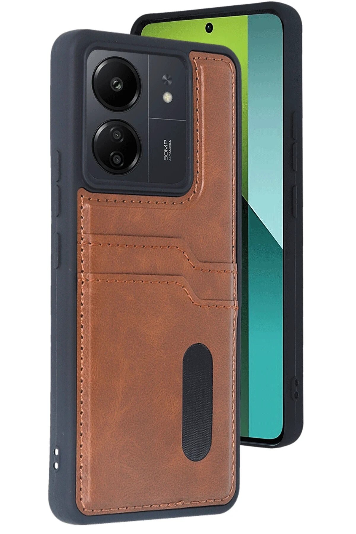 CepteToptan Xiaomi Redmi 13C Kılıf Sara Kartvizitli Deri Kılıf - Taba - DROPX3546-2001