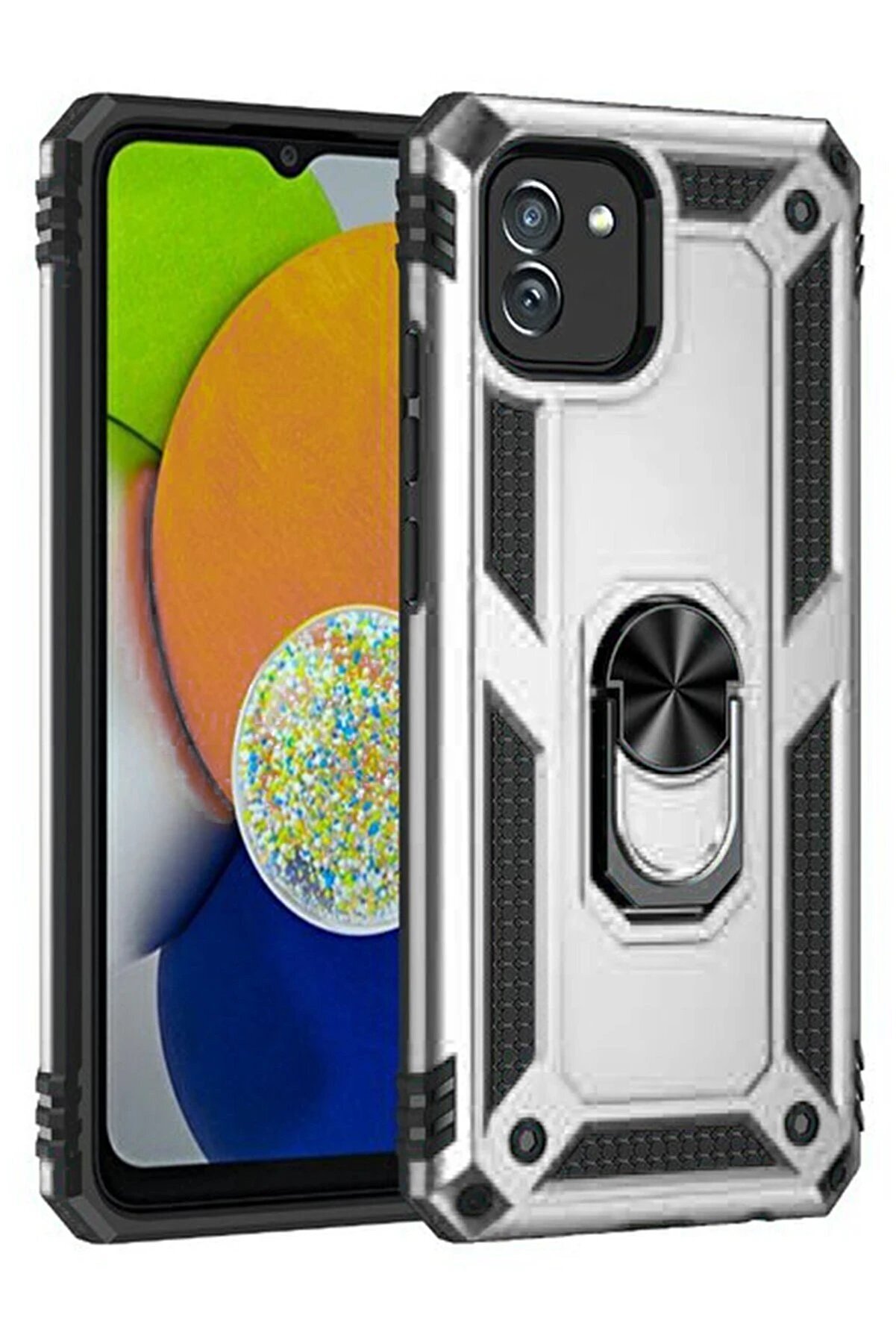 CepteToptan Samsung Galaxy A03 Kılıf Sofya Yüzüklü Silikon Kapak - Gümüş - DROPX2741-9398