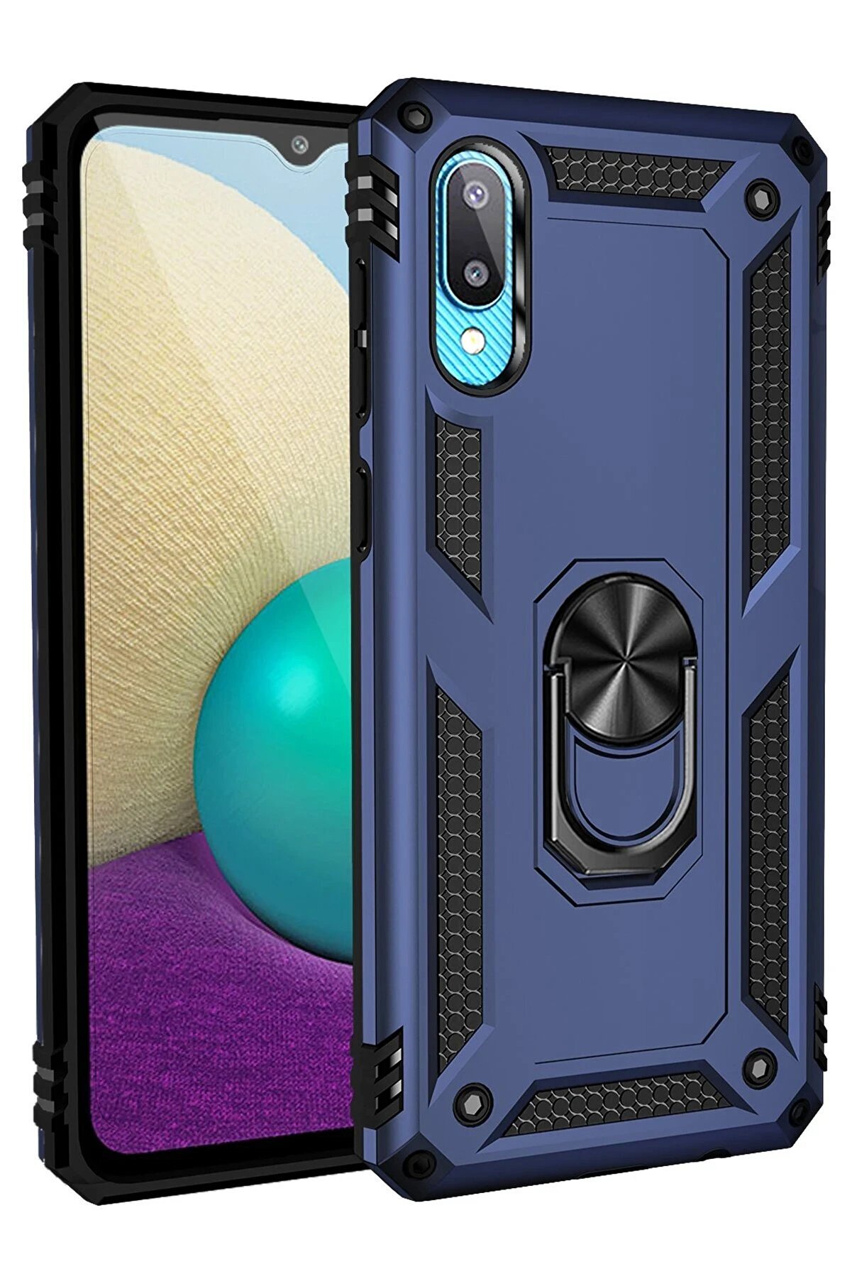 CepteToptan Samsung Galaxy A02 Kılıf Sofya Yüzüklü Silikon Kapak - Lacivert - DROPX3920-8995