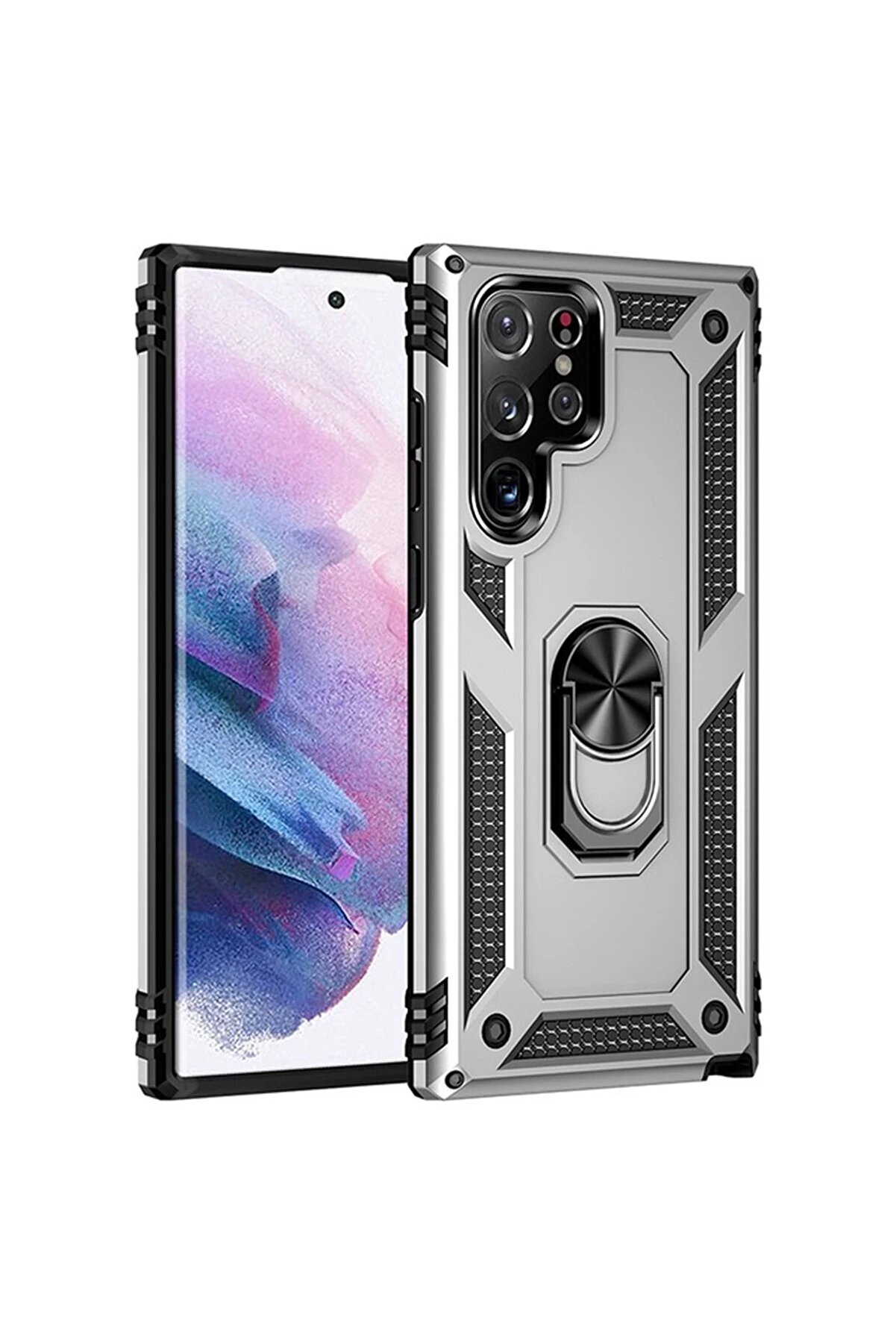 CepteToptan Samsung Galaxy S21 Ultra Kılıf Sofya Yüzüklü Silikon Kapak - Gümüş - DROPX6851-9887