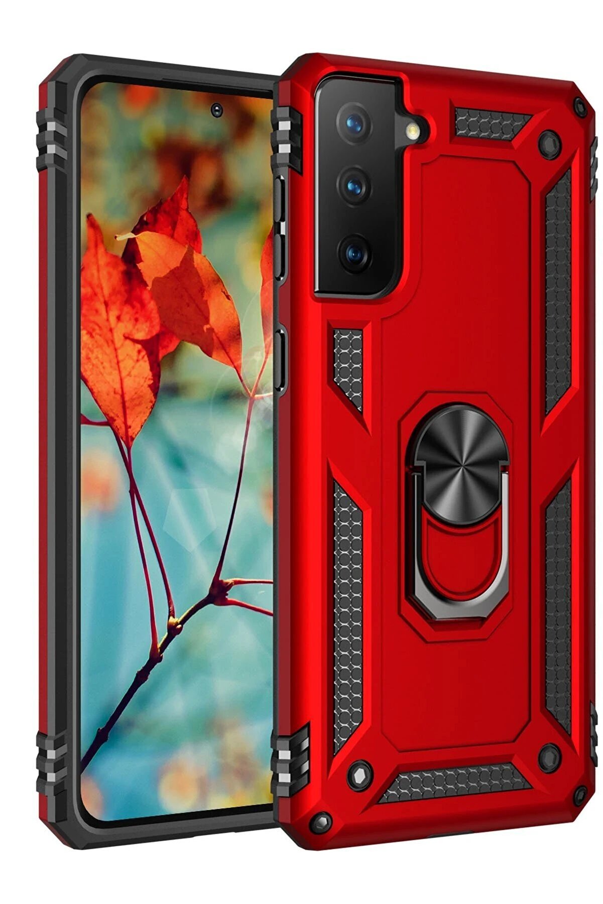 CepteToptan Samsung Galaxy S21 Kılıf Sofya Yüzüklü Silikon Kapak - Kırmızı - DROPX2019-7441