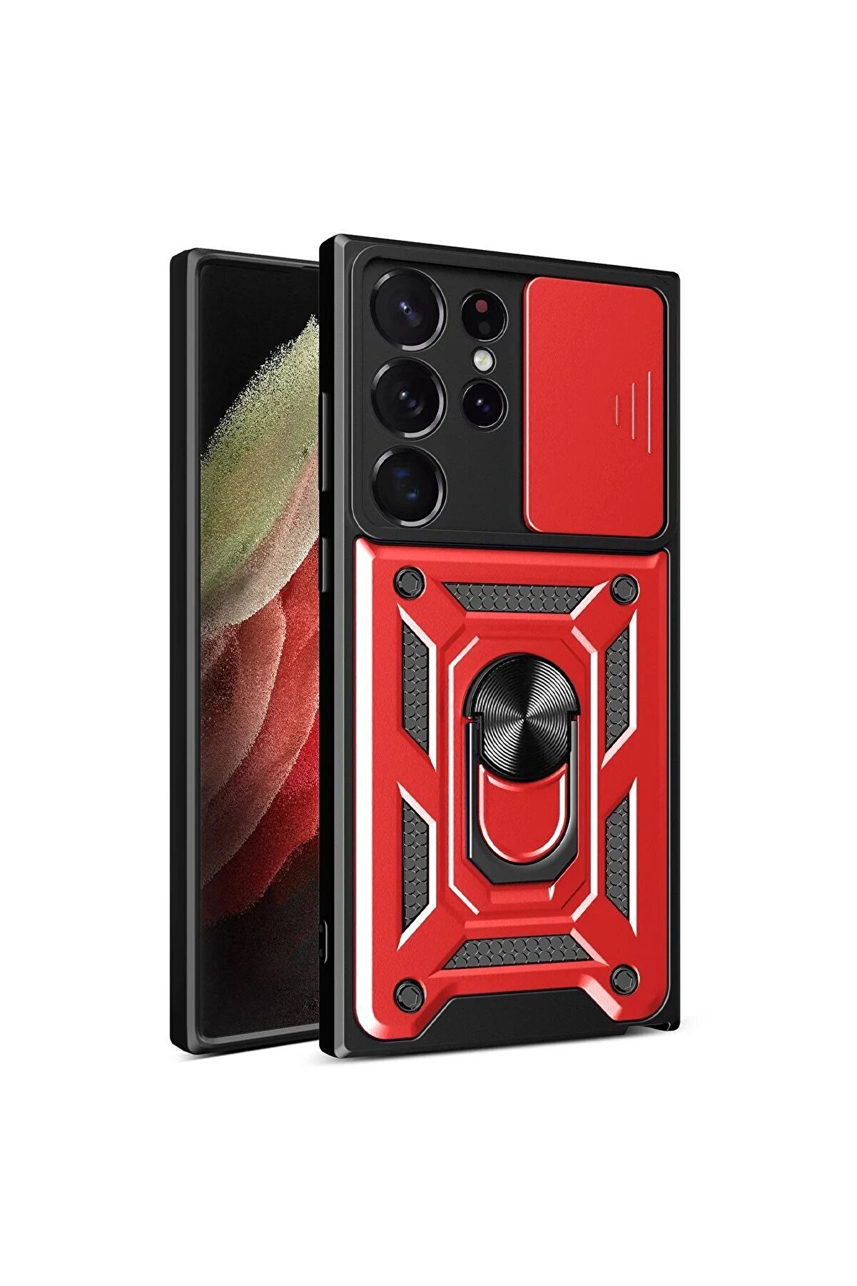 CepteToptan Samsung Galaxy S23 Ultra Kılıf Pars Lens Yüzüklü Silikon - Kırmızı - DROPX4069-6880