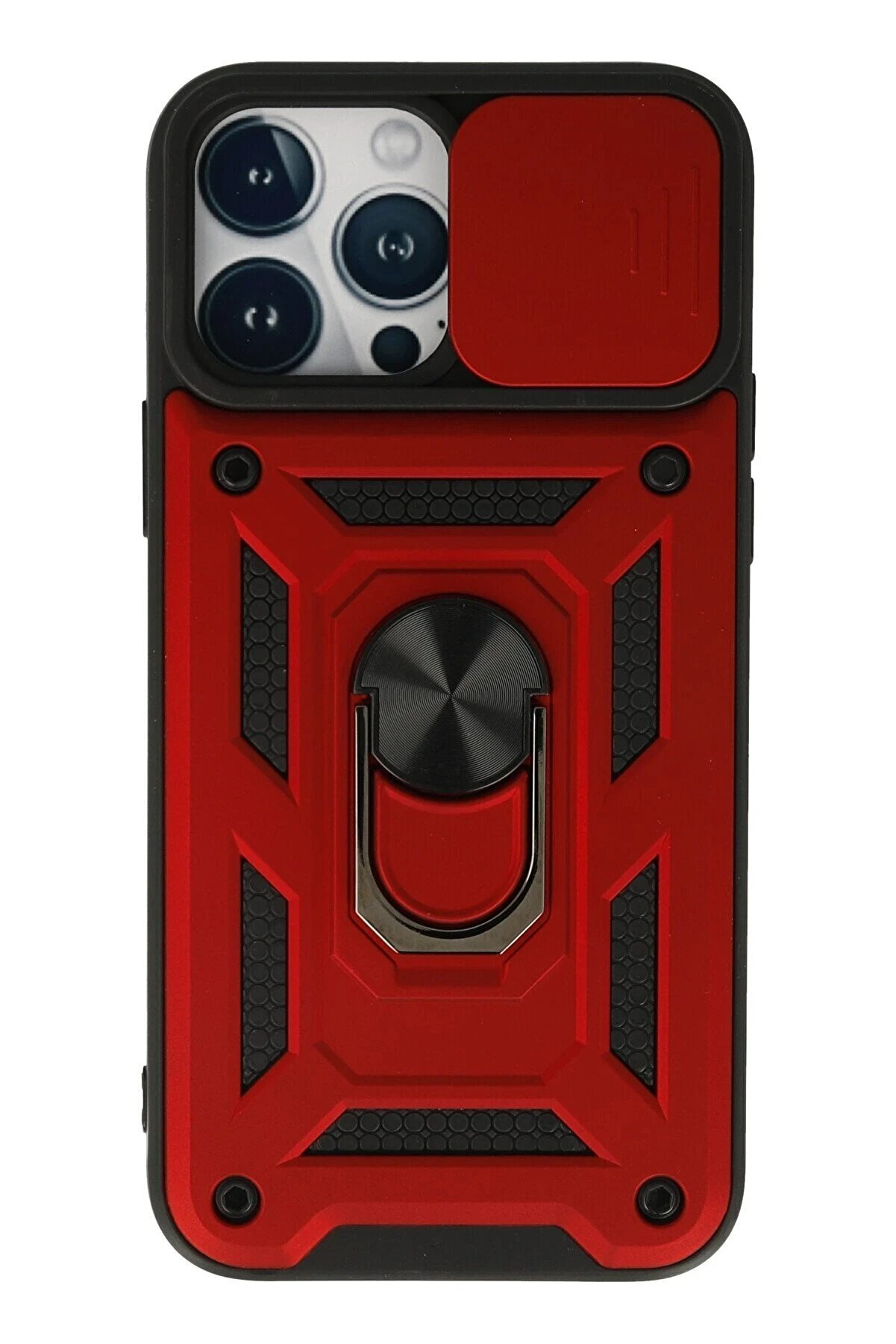 CepteToptan iPhone 13 Pro Max Kılıf Pars Lens Yüzüklü Silikon - Kırmızı - DROPX9854-5269