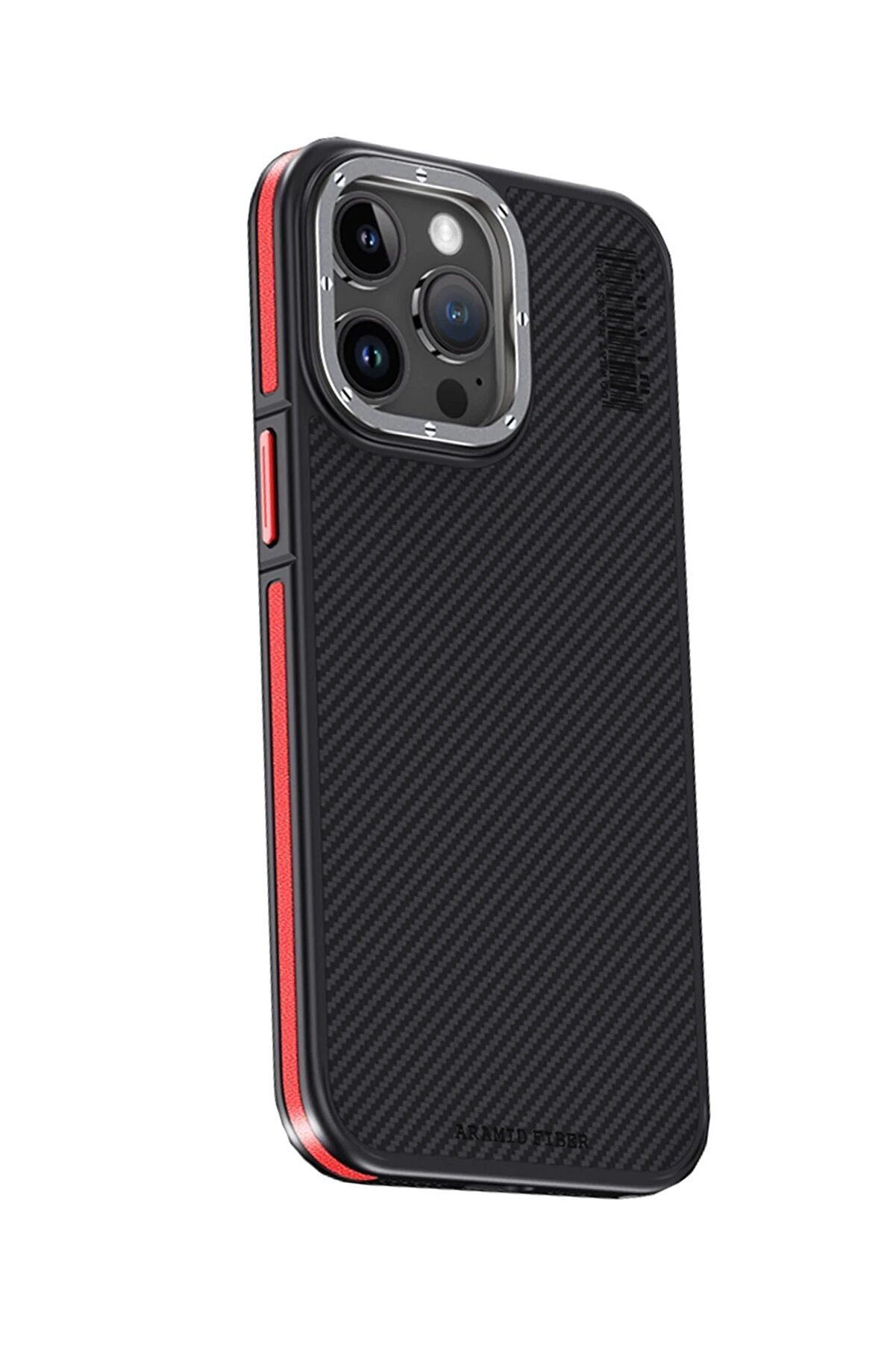 CepteToptan iPhone 15 Pro Kılıf Aramid 600D Kevlar Karbon Fiber Magsafe Kapak - Kırmızı - DROPX7737-4253