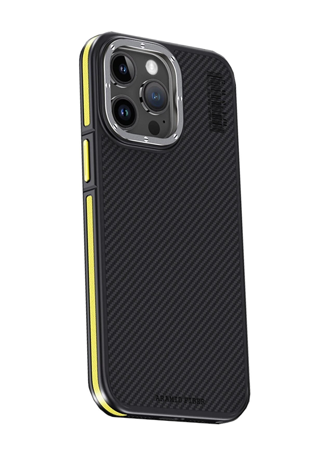 CepteToptan iPhone 15 Pro Max Kılıf Aramid 600D Kevlar Karbon Fiber Magsafe Kapak - Sarı - DROPX7016-3705