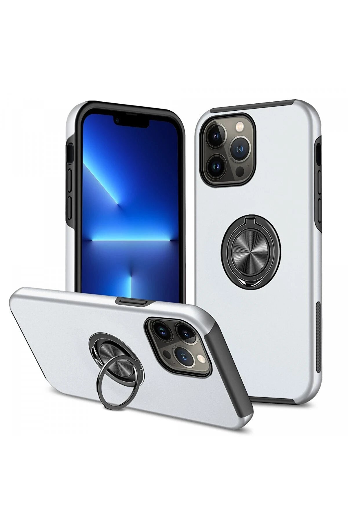 CepteToptan iPhone 13 Pro Kılıf Elit Yüzüklü Kapak - Gümüş - DROPX5977-9804