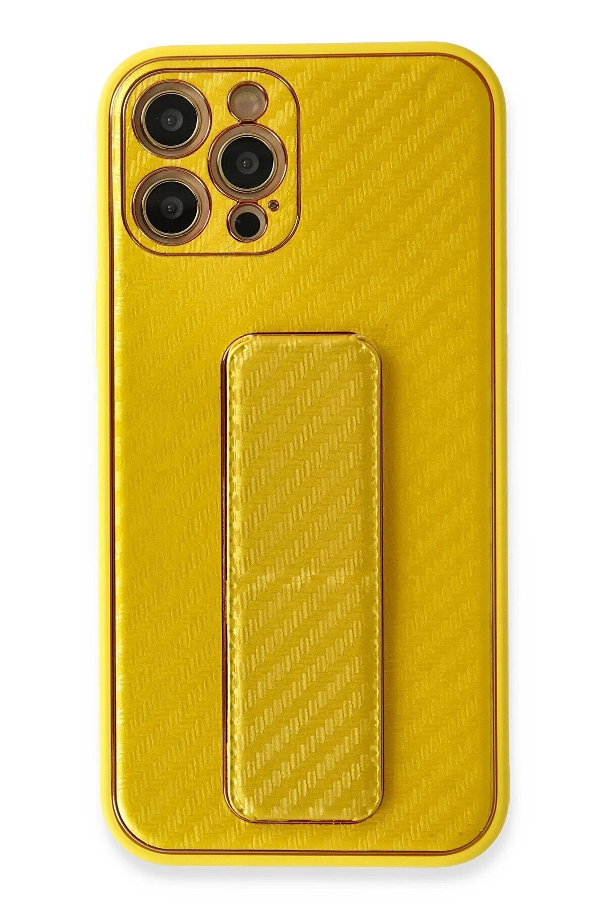 CepteToptan iPhone 12 Pro Max Kılıf Coco Karbon Standlı Kapak - Sarı - DROPX2868-3565