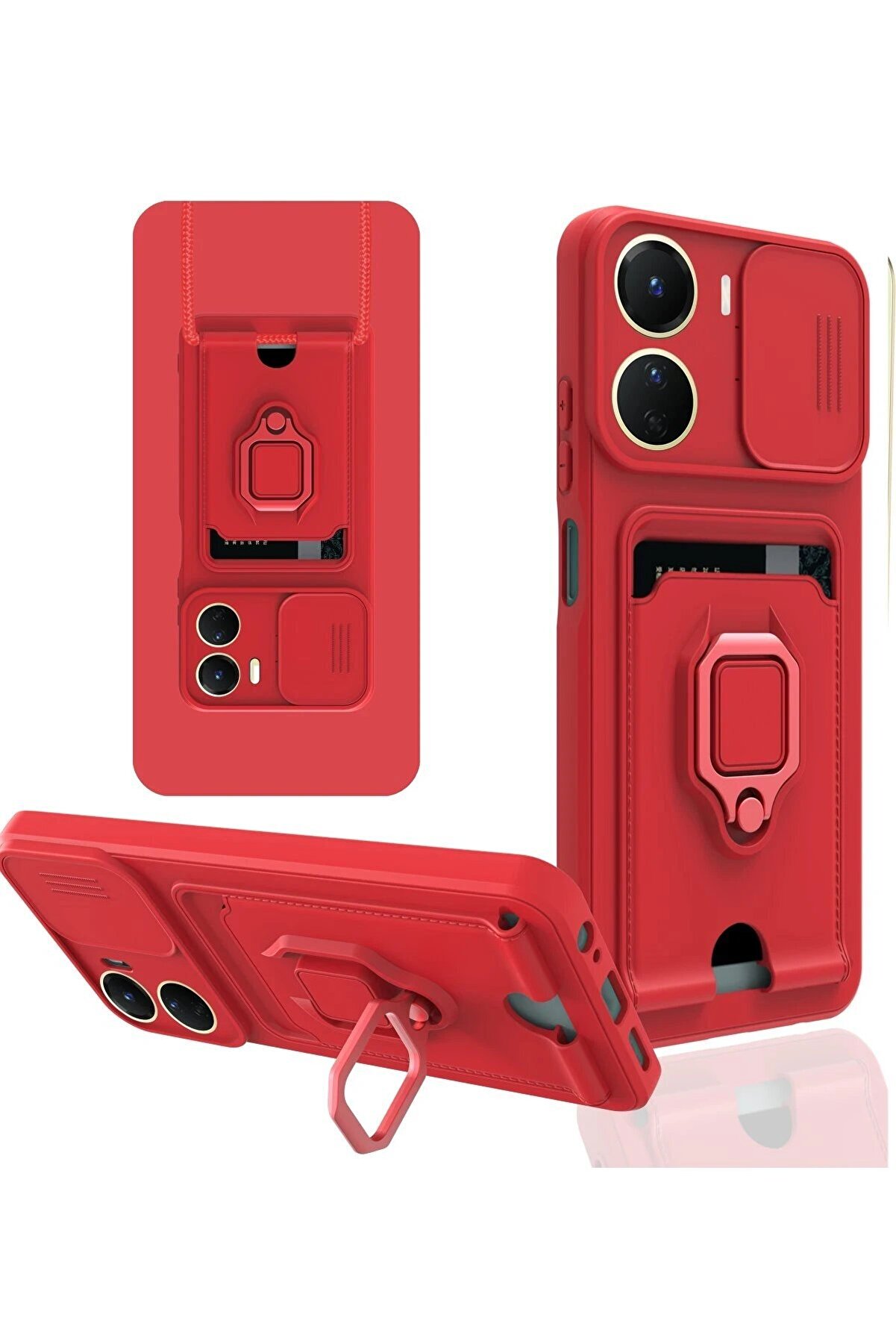 CepteToptan Vivo Y16 Kılıf Zuma Kartvizitli Yüzüklü Silikon - Kırmızı - DROPX7148-9130