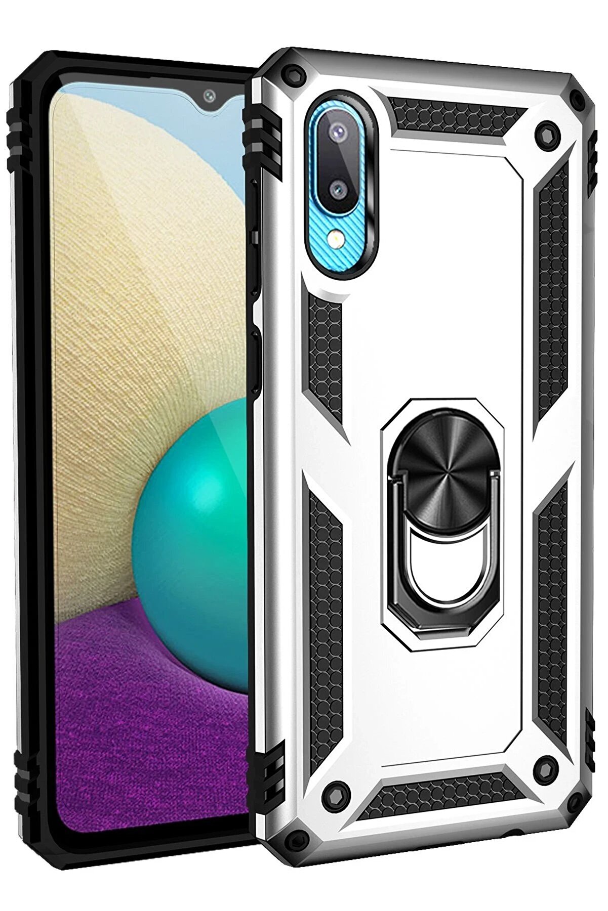 CepteToptan Samsung Galaxy A02 Kılıf Sofya Yüzüklü Silikon Kapak - Gümüş - DROPX4398-7919