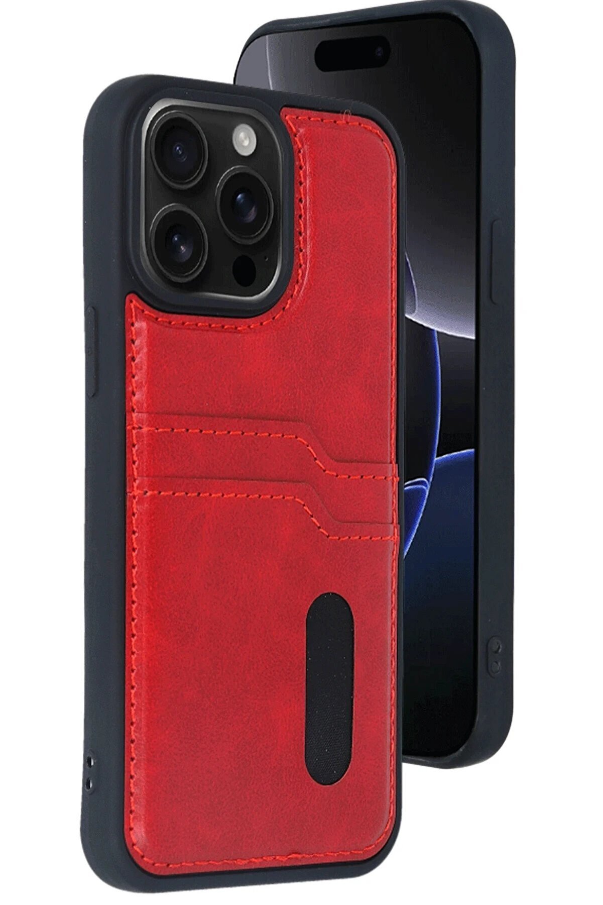 CepteToptan iPhone 14 Pro Max Kılıf Sara Kartvizitli Deri Kılıf - Kırmızı - DROPX6640-5221