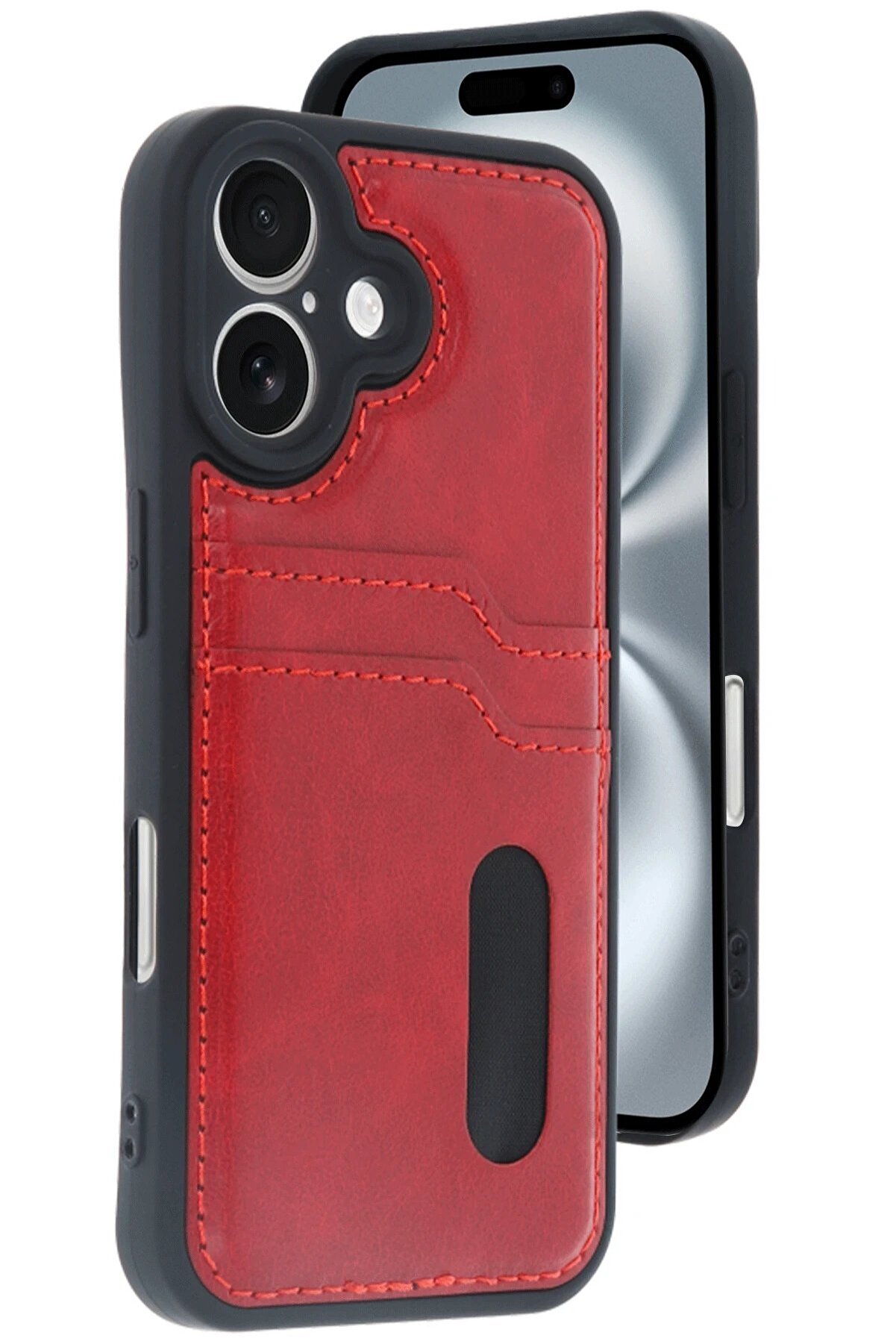 CepteToptan iPhone 16 Kılıf Sara Kartvizitli Deri Kılıf - Kırmızı - DROPX1513-2446