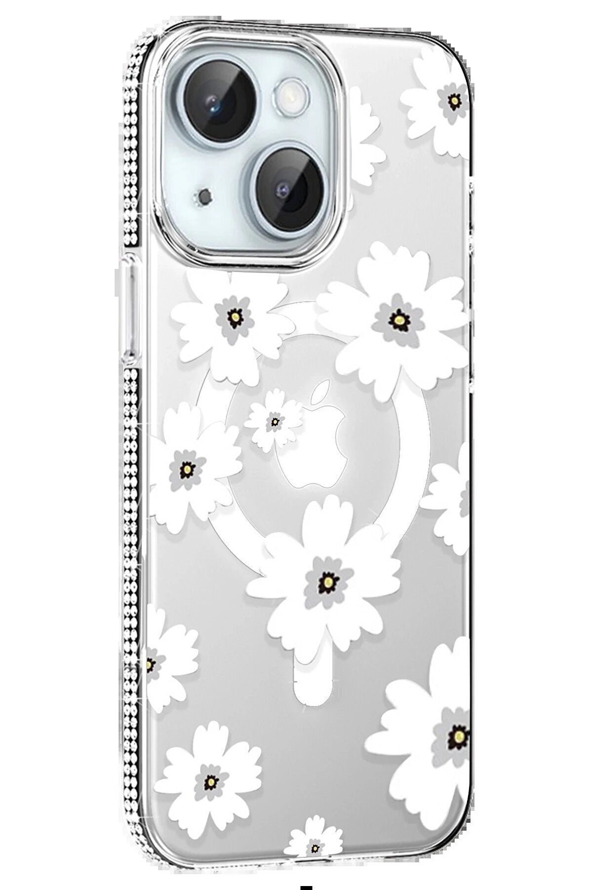 CepteToptan Apple iPhone 15 Floral Magsafe Kapak - Beyaz - DROPX1294-7865