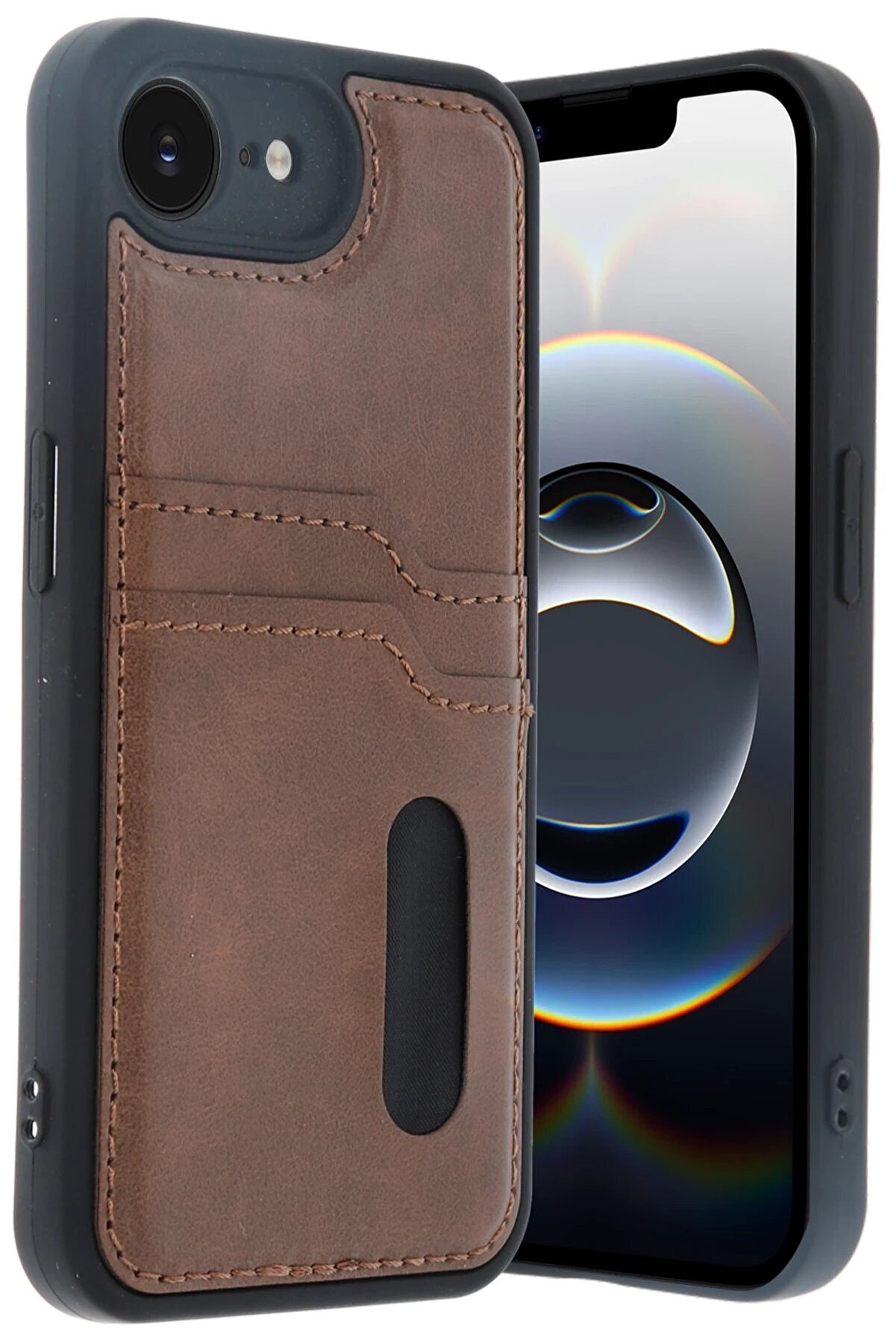 CepteToptan iPhone 16E Kılıf Sara Kartvizitli Deri Kılıf - Taba - DROPX2856-7845