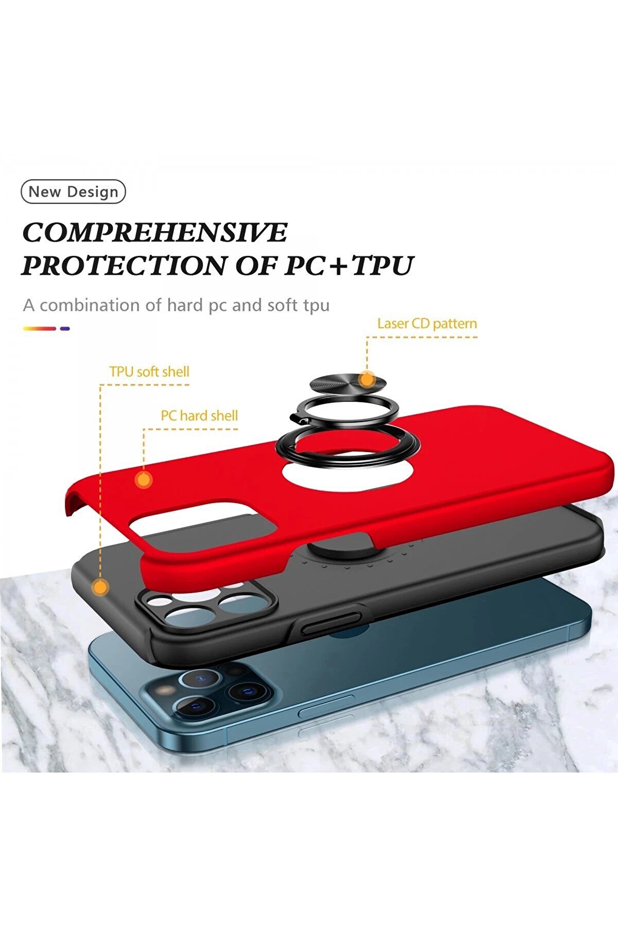 İphone 12 Pro Max Kılıf Eli̇t Yüzüklü Kapak - Kırmızı - Dropx7108-7631