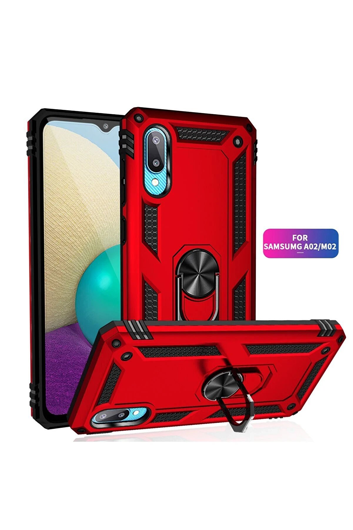 Samsung Galaxy A02 Kılıf Sofya Yüzüklü Si̇li̇kon Kapak - Kırmızı - Dropx9933-9944