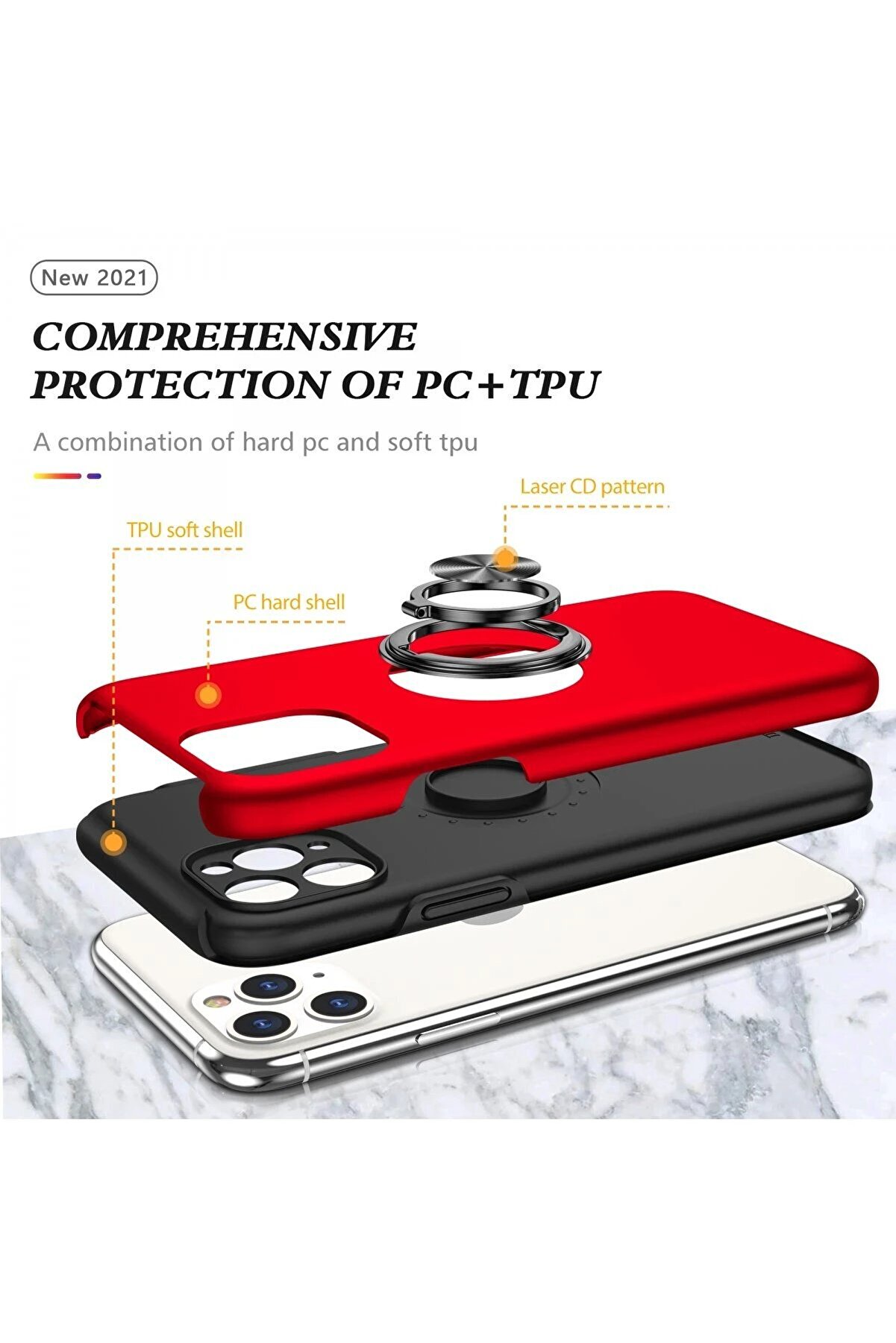İphone 11 Pro Max Kılıf Eli̇t Yüzüklü Kapak - Kırmızı - Dropx6877-5911