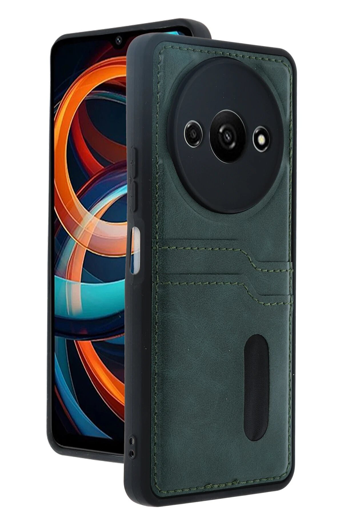 CepteToptan Xiaomi Redmi A3 4G Kılıf Sara Kartvizitli Deri Kılıf - Koyu Yeşil - DROPX1043-5010