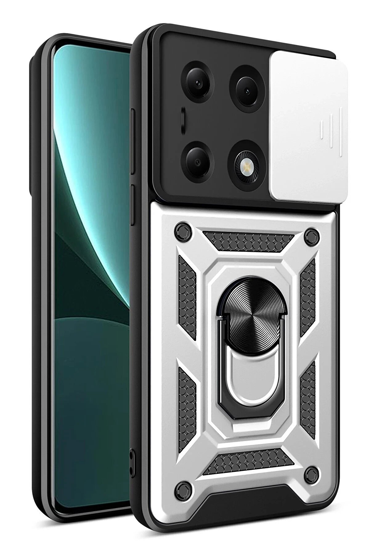 CepteToptan Xiaomi Poco M6 Pro 4G Kılıf Pars Lens Y&uuml;z&uuml;kl&uuml; Silikon - G&uuml;m&uuml;ş - DROPX7298-1840