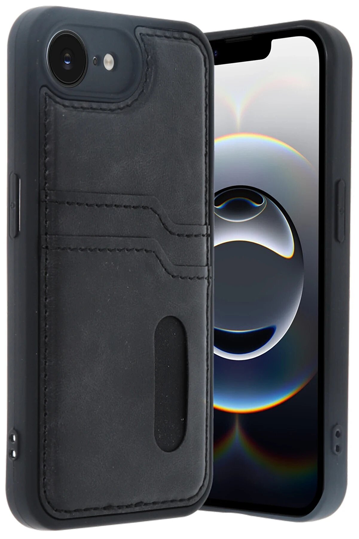 CepteToptan iPhone 16E Kılıf Sara Kartvizitli Deri Kılıf - Siyah - DROPX3242-9284