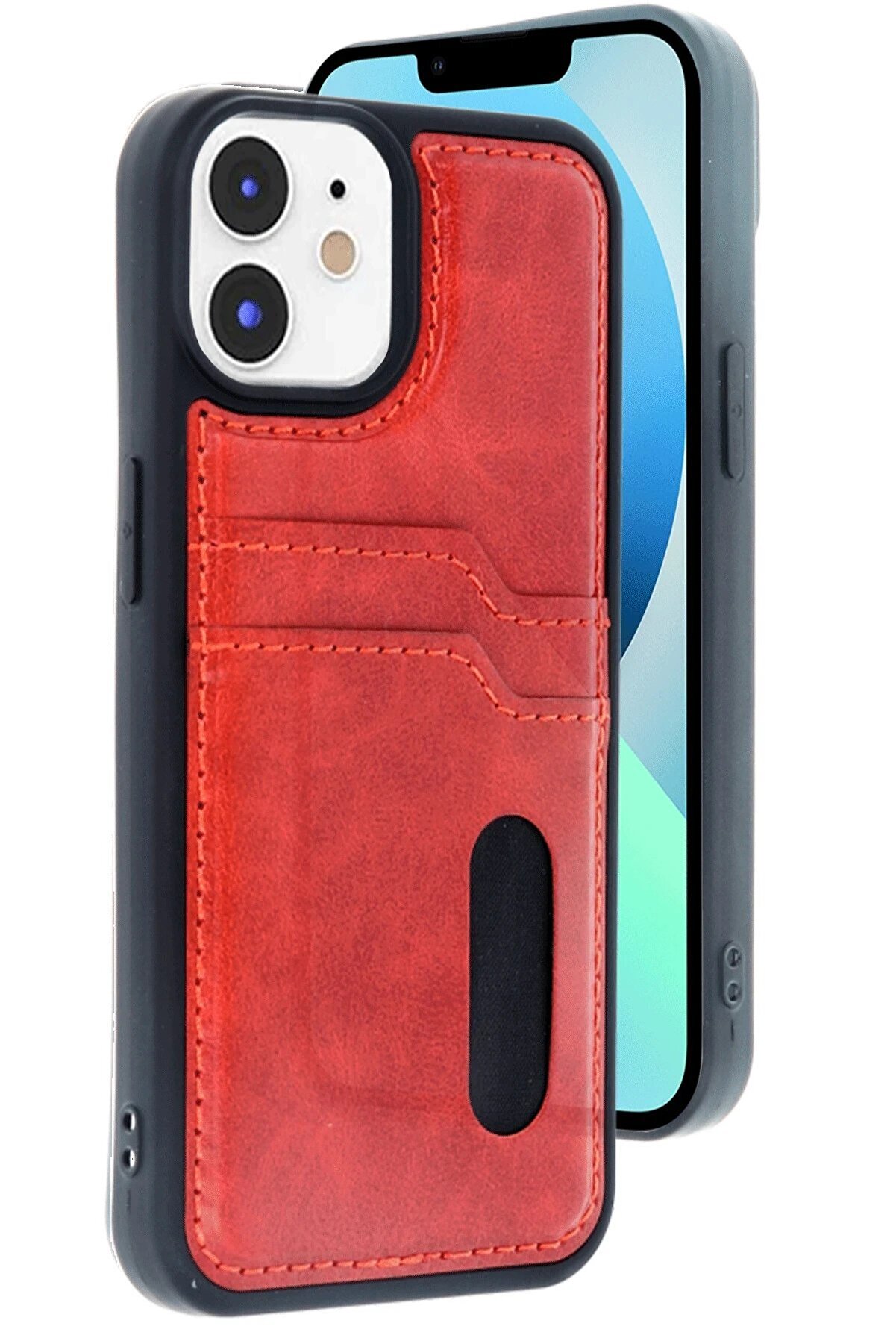 CepteToptan iPhone 11 Kılıf Sara Kartvizitli Deri Kılıf - Kırmızı - DROPX9112-9663