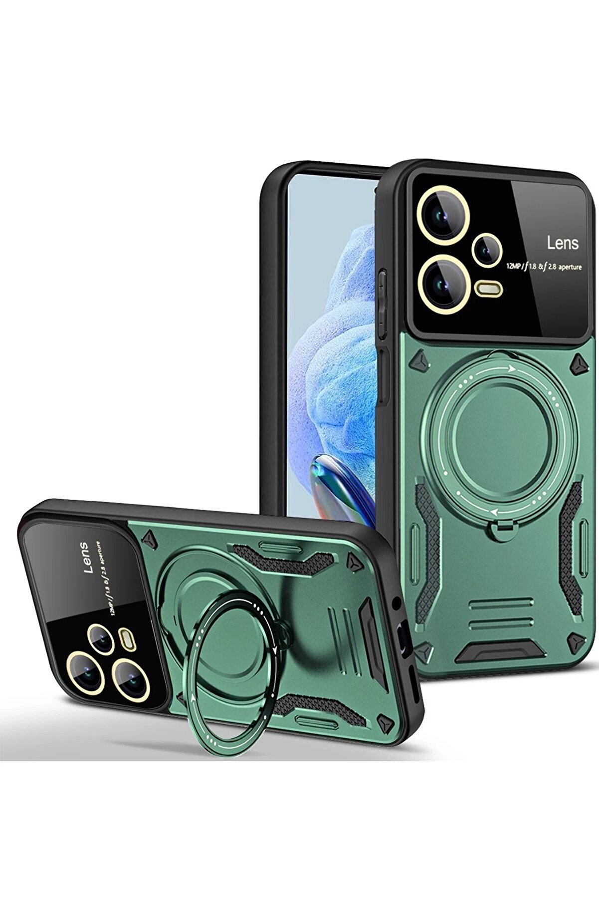 CepteToptan Xiaomi Redmi Note 12 Pro 5G Kılıf Joy Lens Standlı Kapak - Koyu Yeşil - DROPX9034-9219