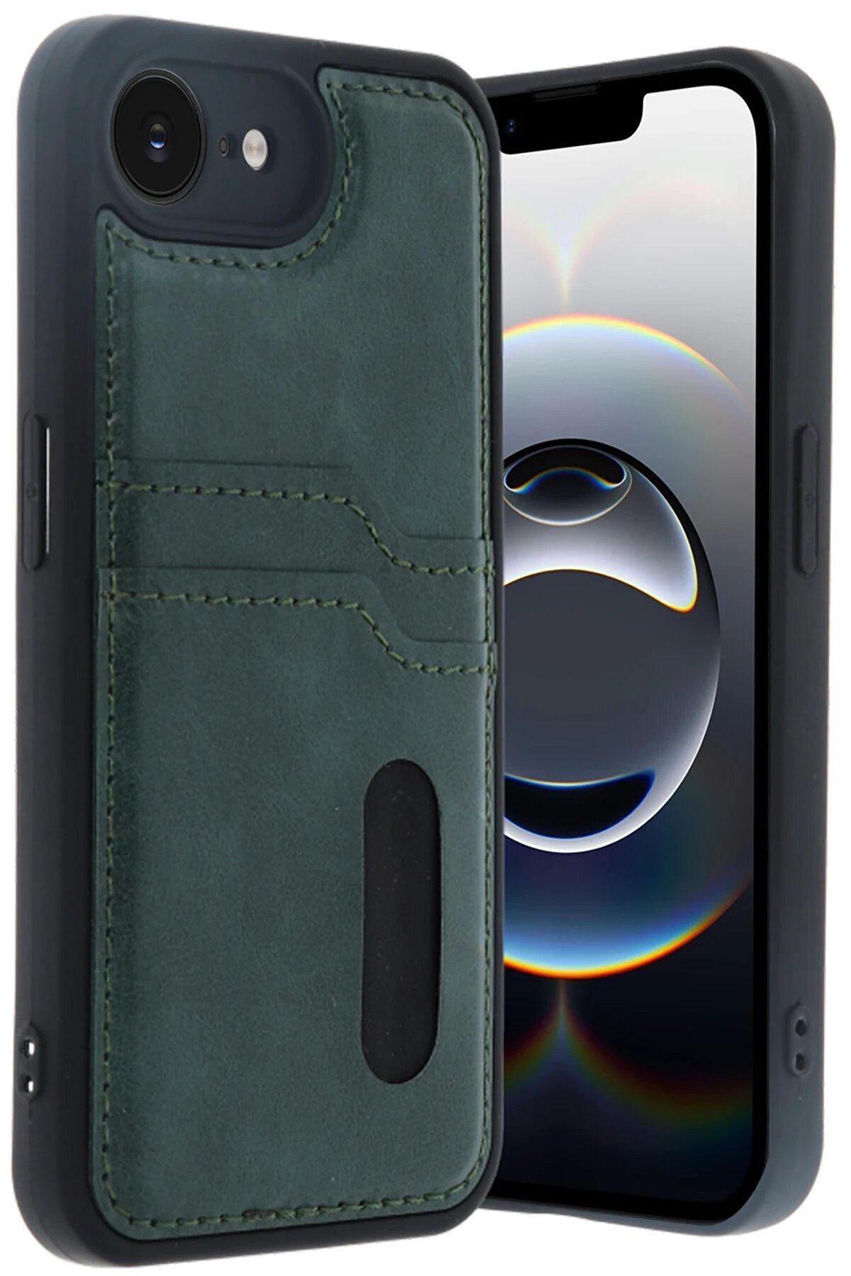 CepteToptan iPhone 16E Kılıf Sara Kartvizitli Deri Kılıf - Koyu Yeşil - CPT4723836-3939