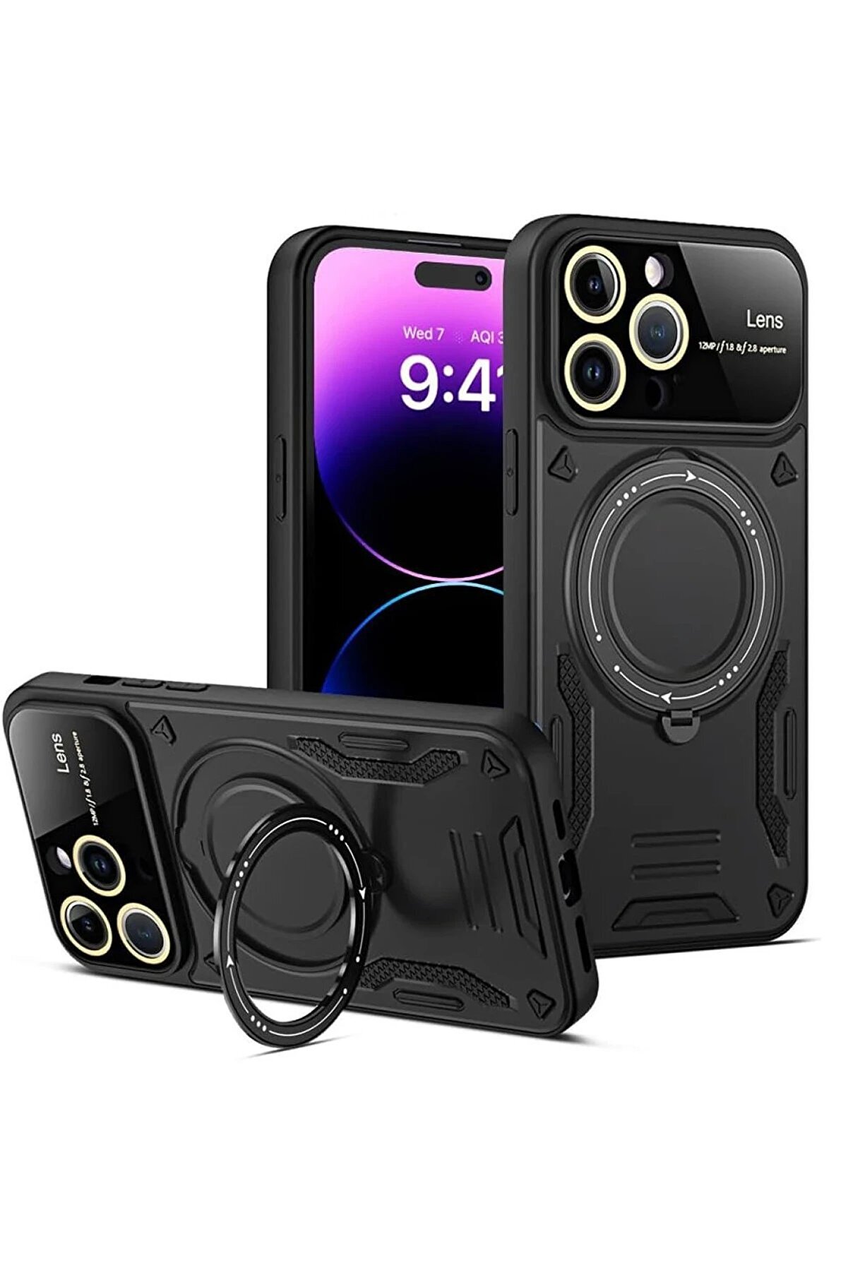 CepteToptan iPhone 15 Pro Kılıf Joy Lens Standlı Kapak - Siyah - DROPX6665-8522