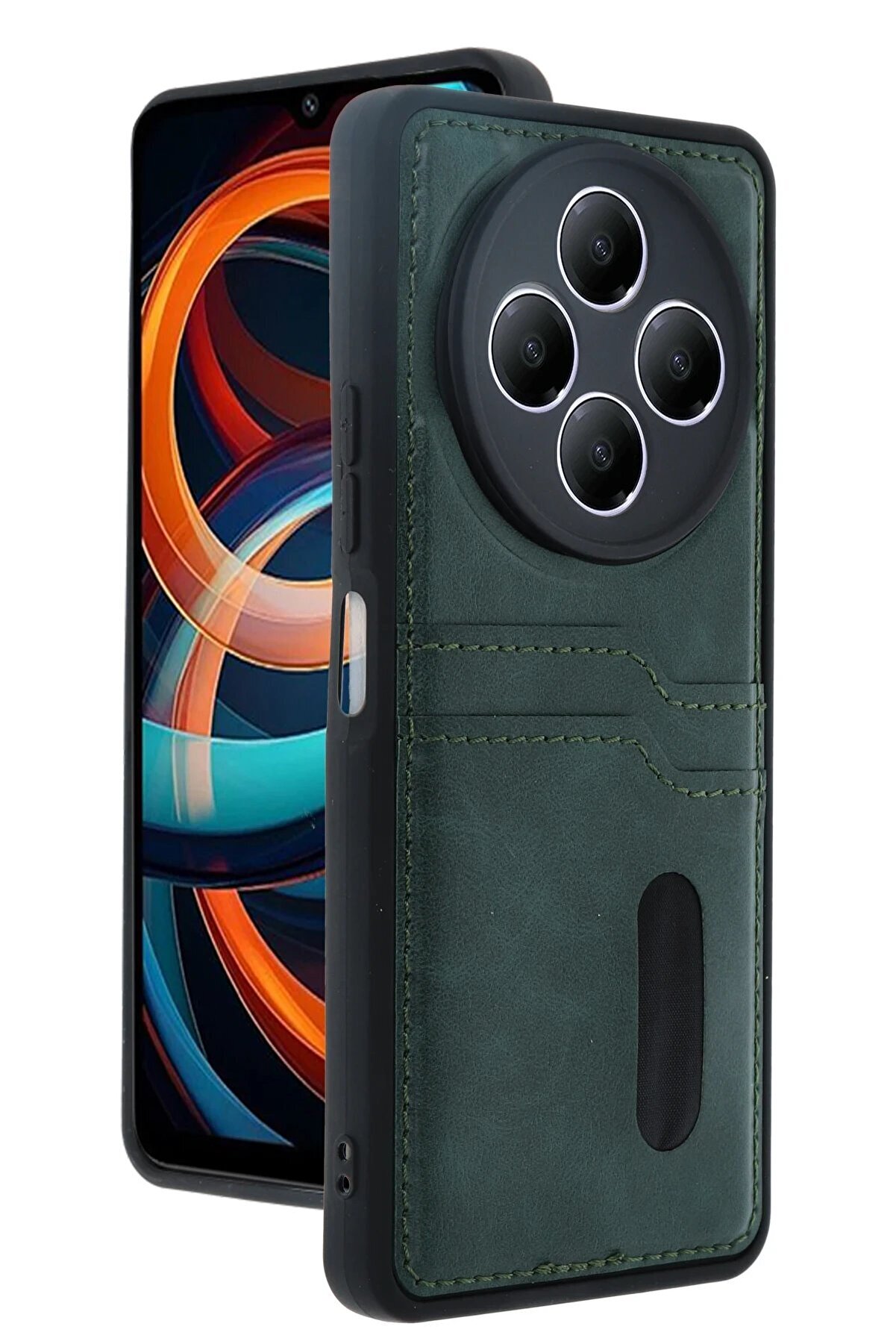 CepteToptan Xiaomi Redmi 14C Kılıf Sara Kartvizitli Deri Kılıf - Koyu Yeşil - DROPX2248-7607