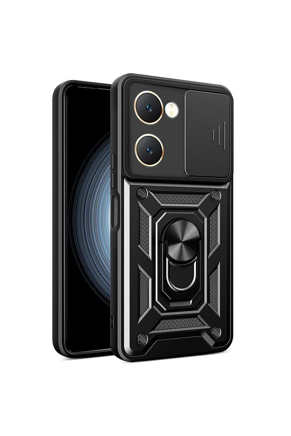 CepteToptan Vivo Y18 Kılıf Pars Lens Yüzüklü Silikon - Siyah - DROPX3191-1253